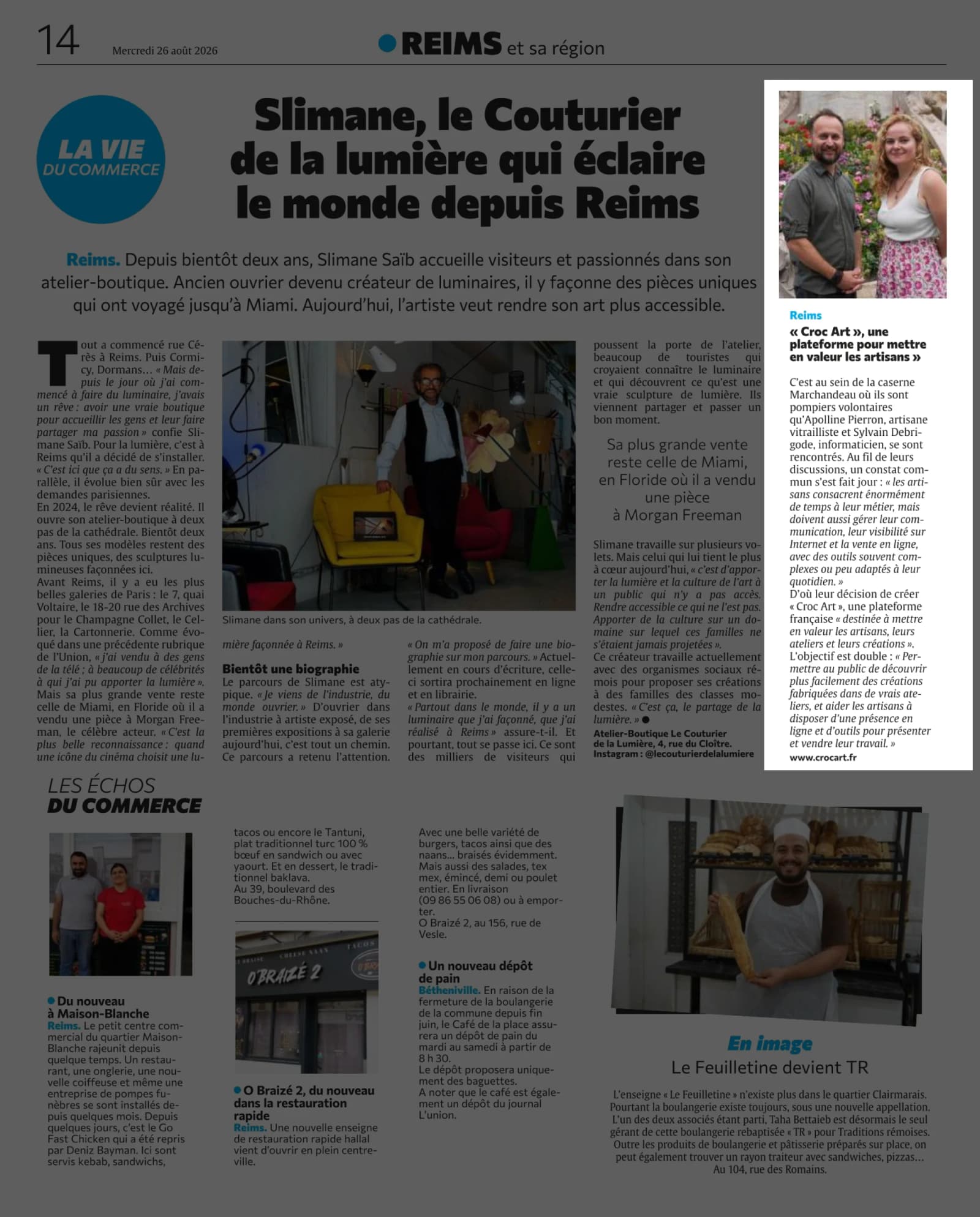 Article du journal L'Union du 25 août 2026 : « Croc Art », une plateforme rémoise « destinée à mettre en valeur les artisans »