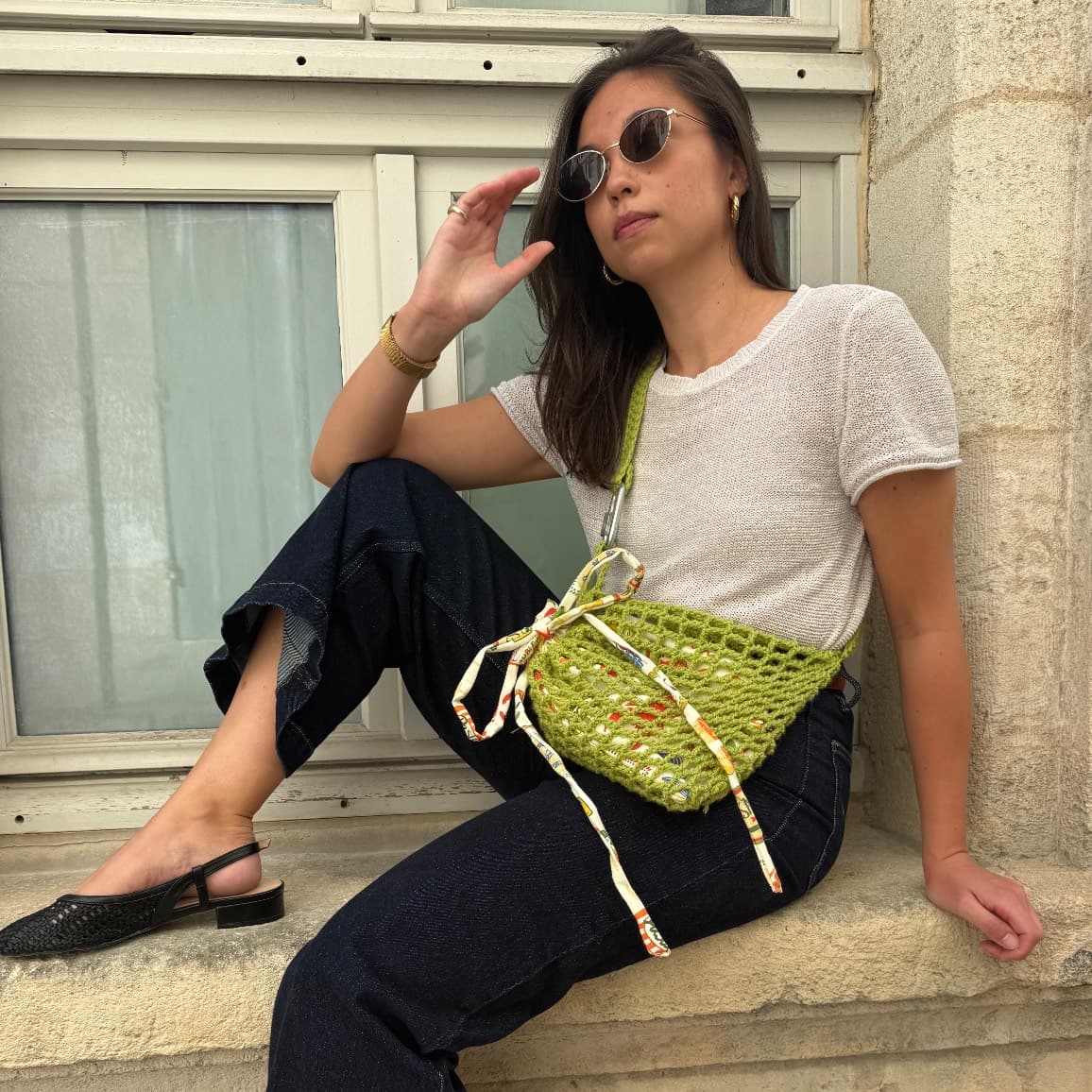 Sac banane en maille verte et tissu imprimé