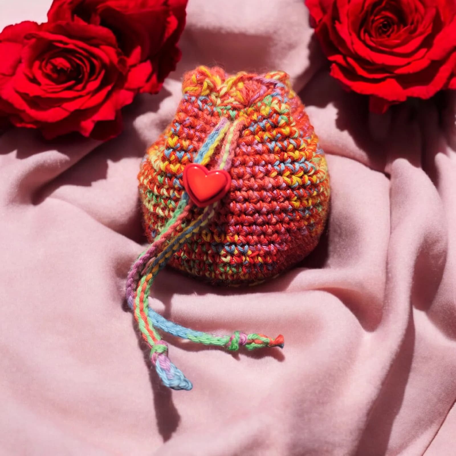 Petite bourse multicolore au crochet avec lien cœur