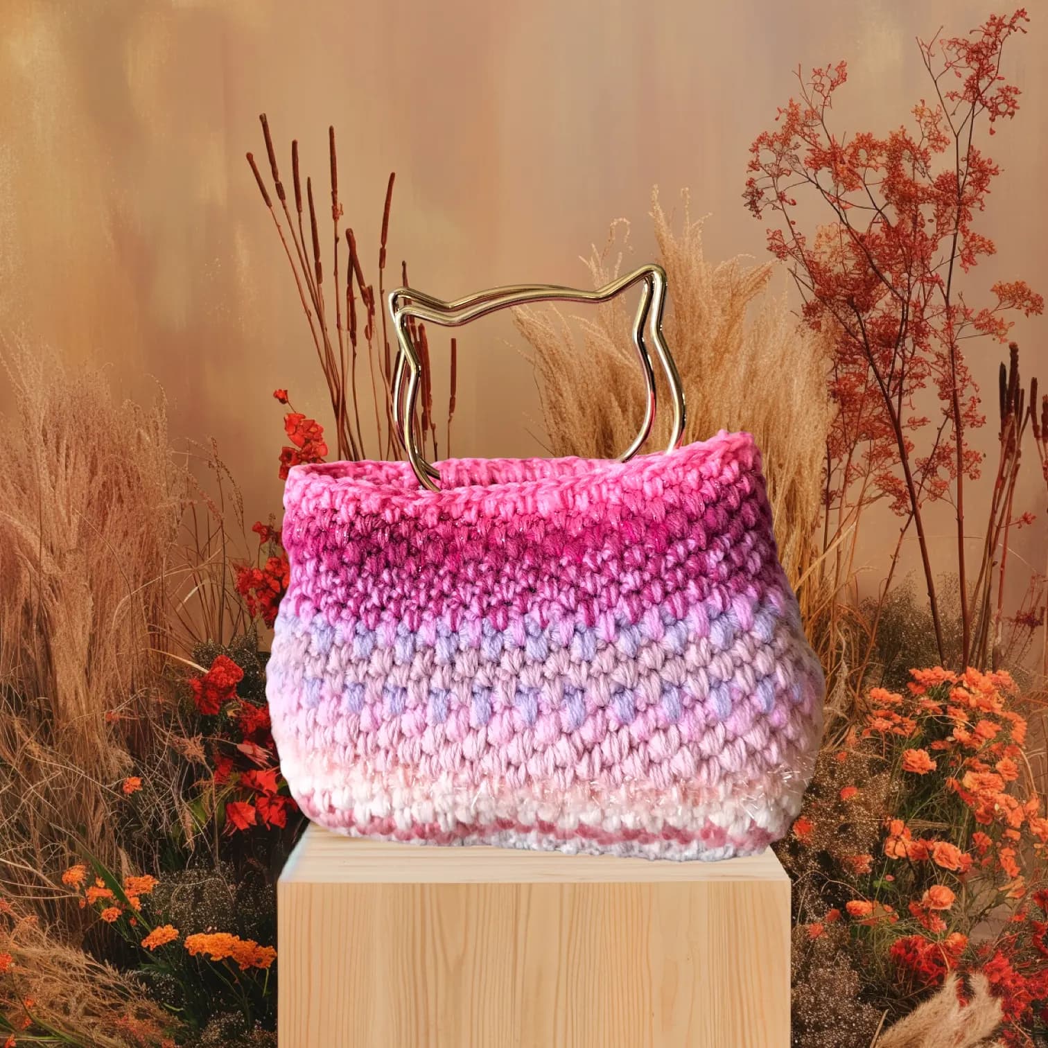 Sac à main au crochet en dégradé de rose et anses silhouette de chat