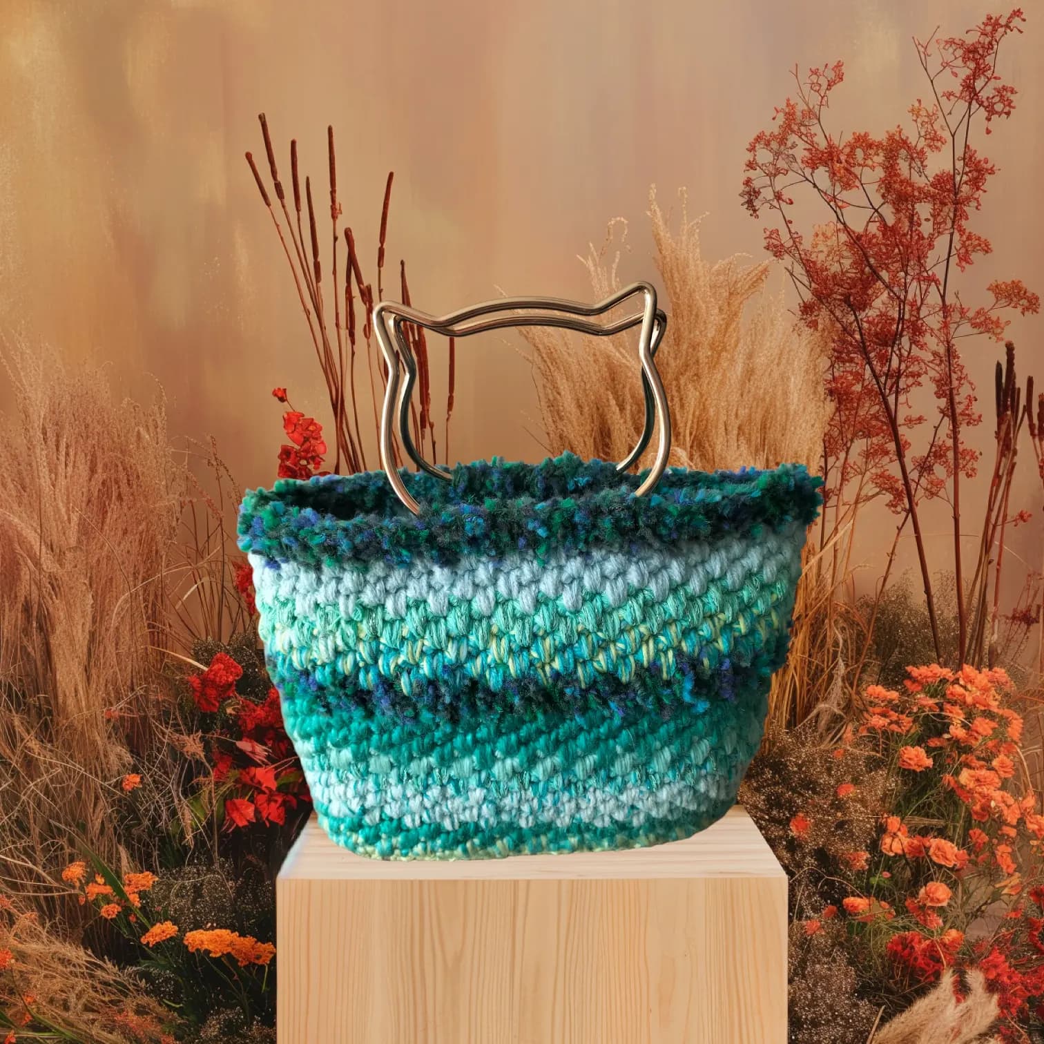 Sac à main en crochet tons verts et anses tête de chat