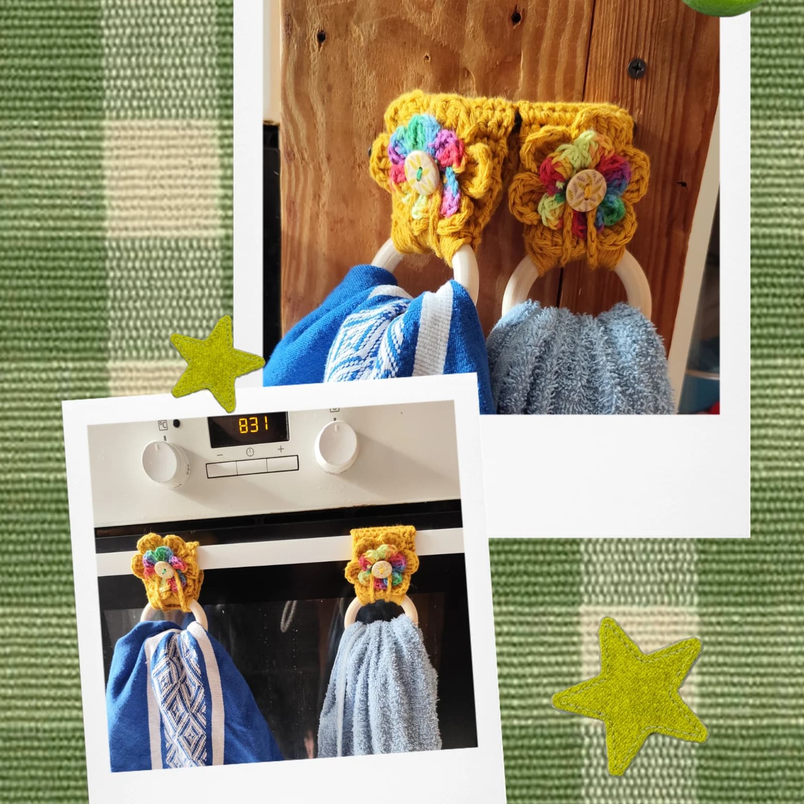 Accroche-torchon en crochet à motif fleur et anneau en bois