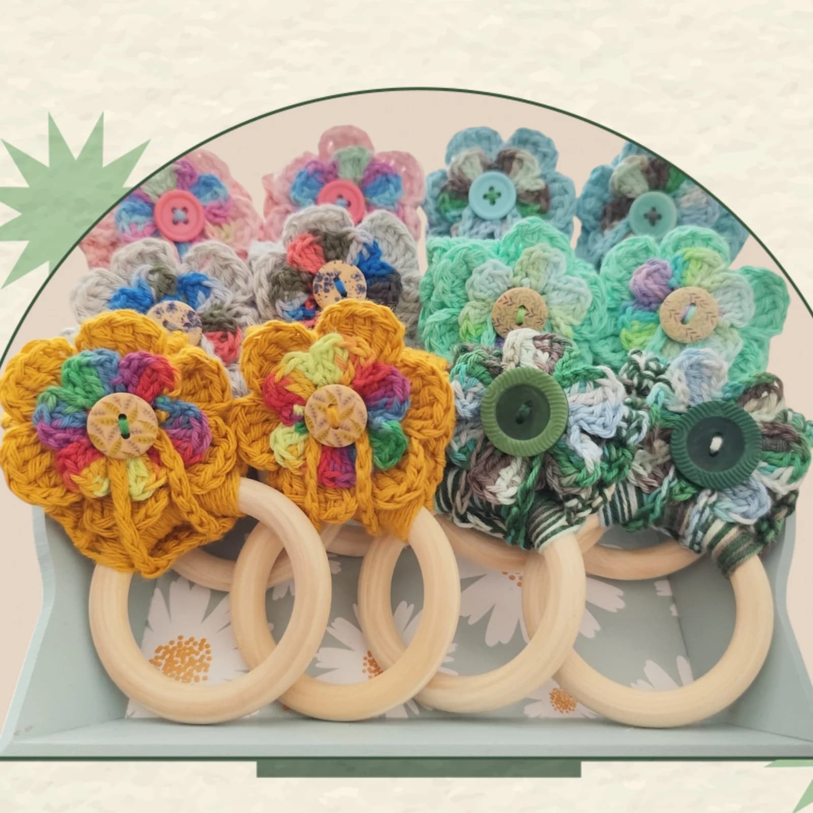 Accroche-torchon en crochet à motif fleur et anneau en bois