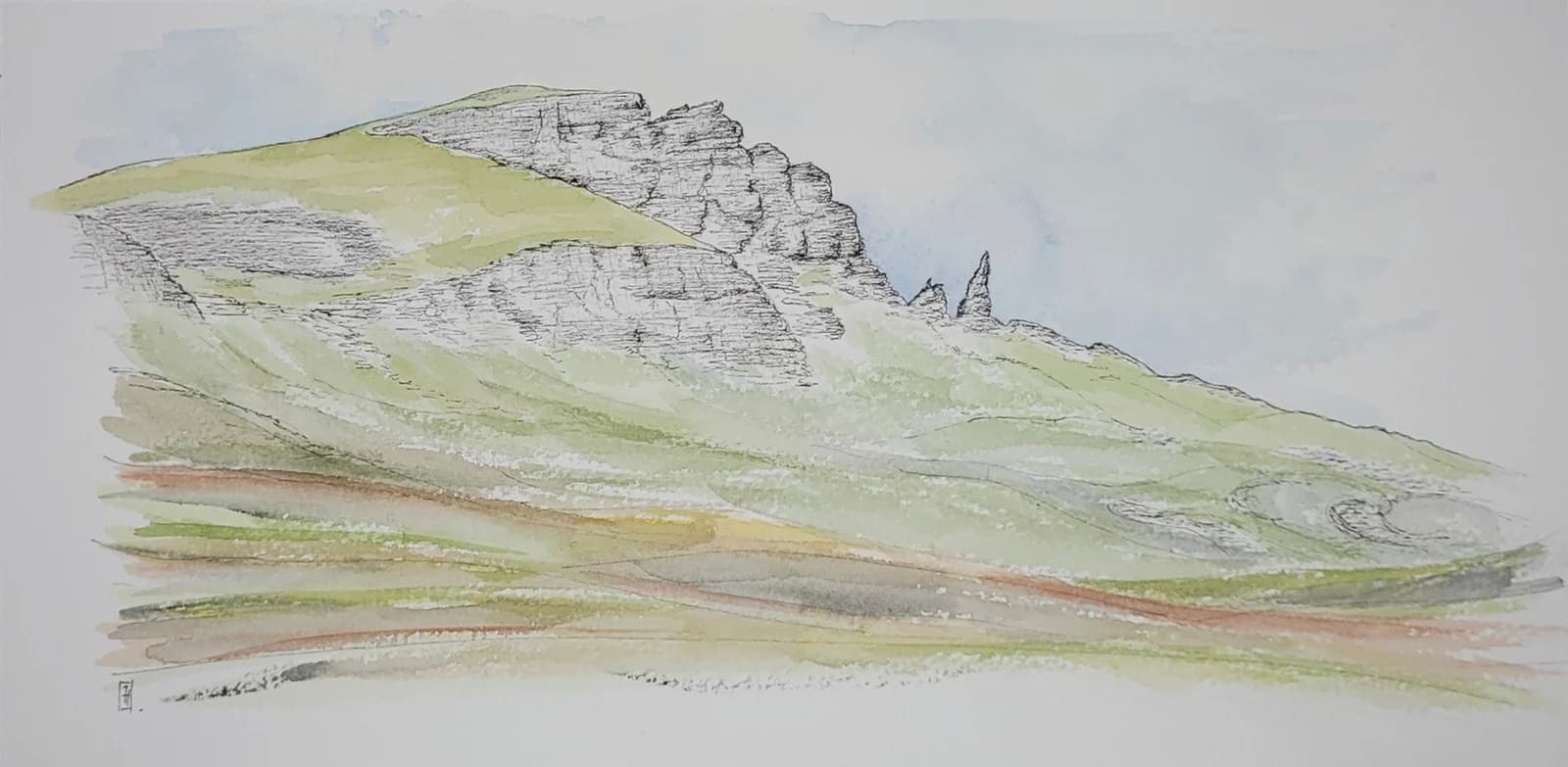 Aquarelle originale — Paysage d'Ecosse, Old Man of Storr, Île de Skye — Format 15x30 cm — vue 2