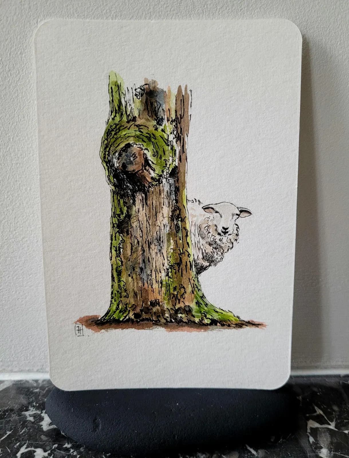 Aquarelle originale — Mouton et arbre — Format carte postale — vue 1