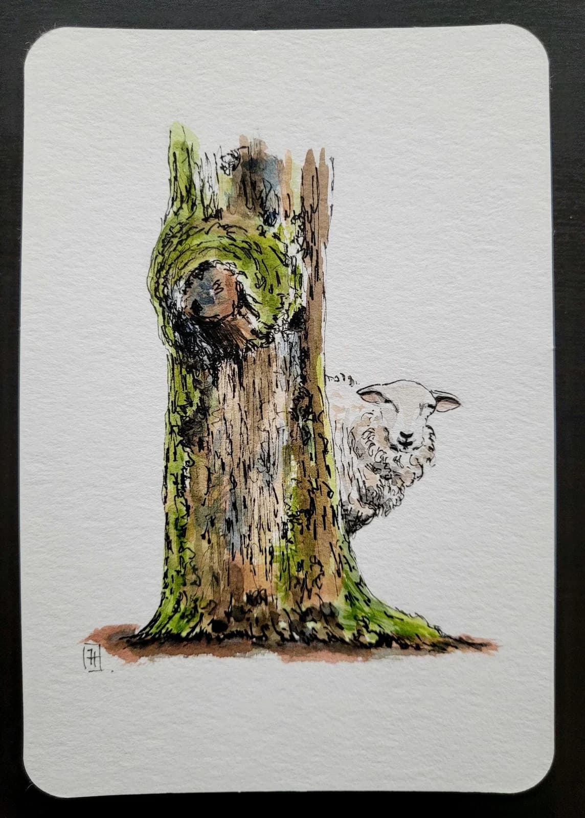 Aquarelle originale — Mouton et arbre — Format carte postale — vue 2