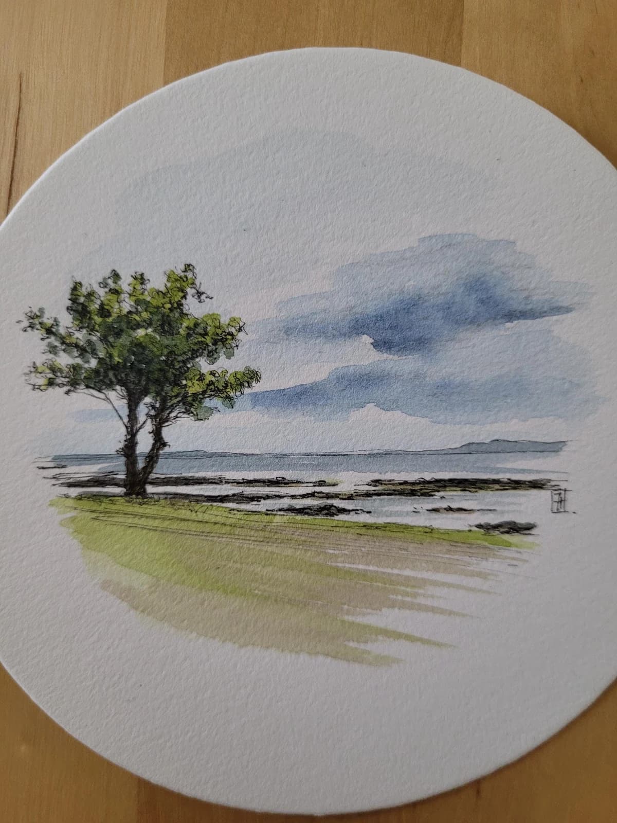 Aquarelle originale — Paysage d'Irlande — Format rond — vue 2