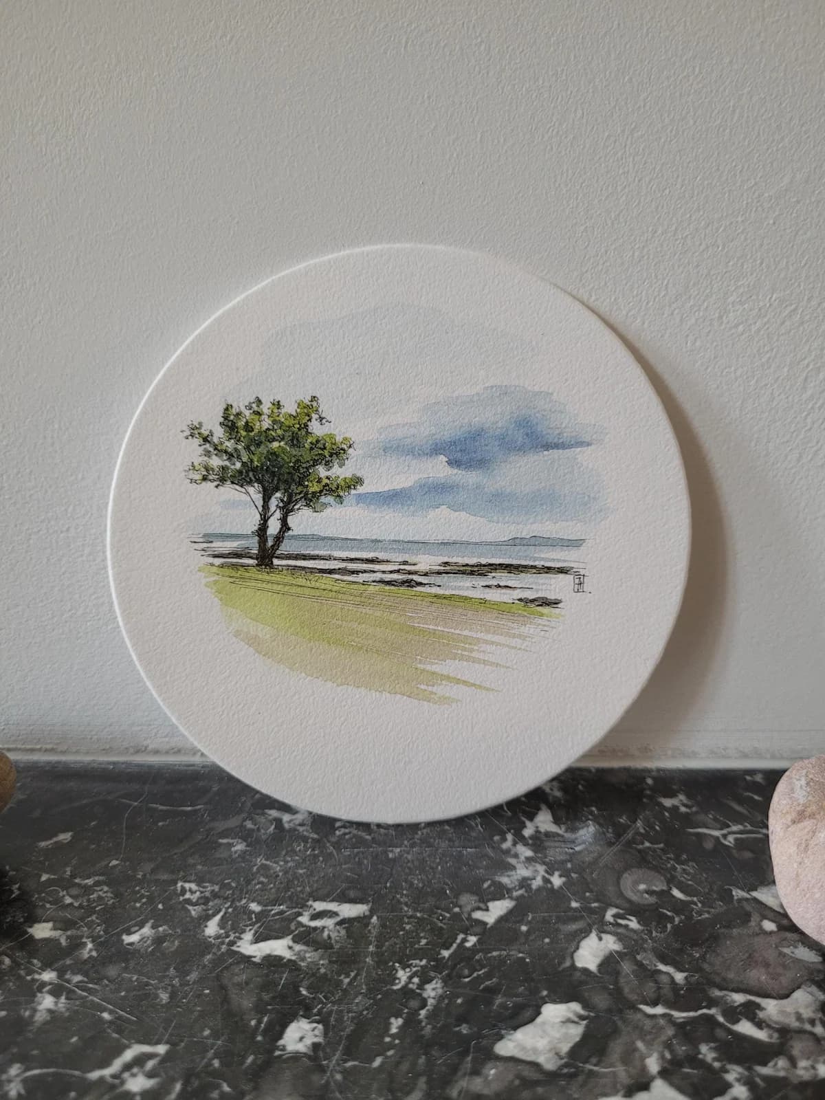 Aquarelle originale — Paysage d'Irlande — Format rond — vue 1