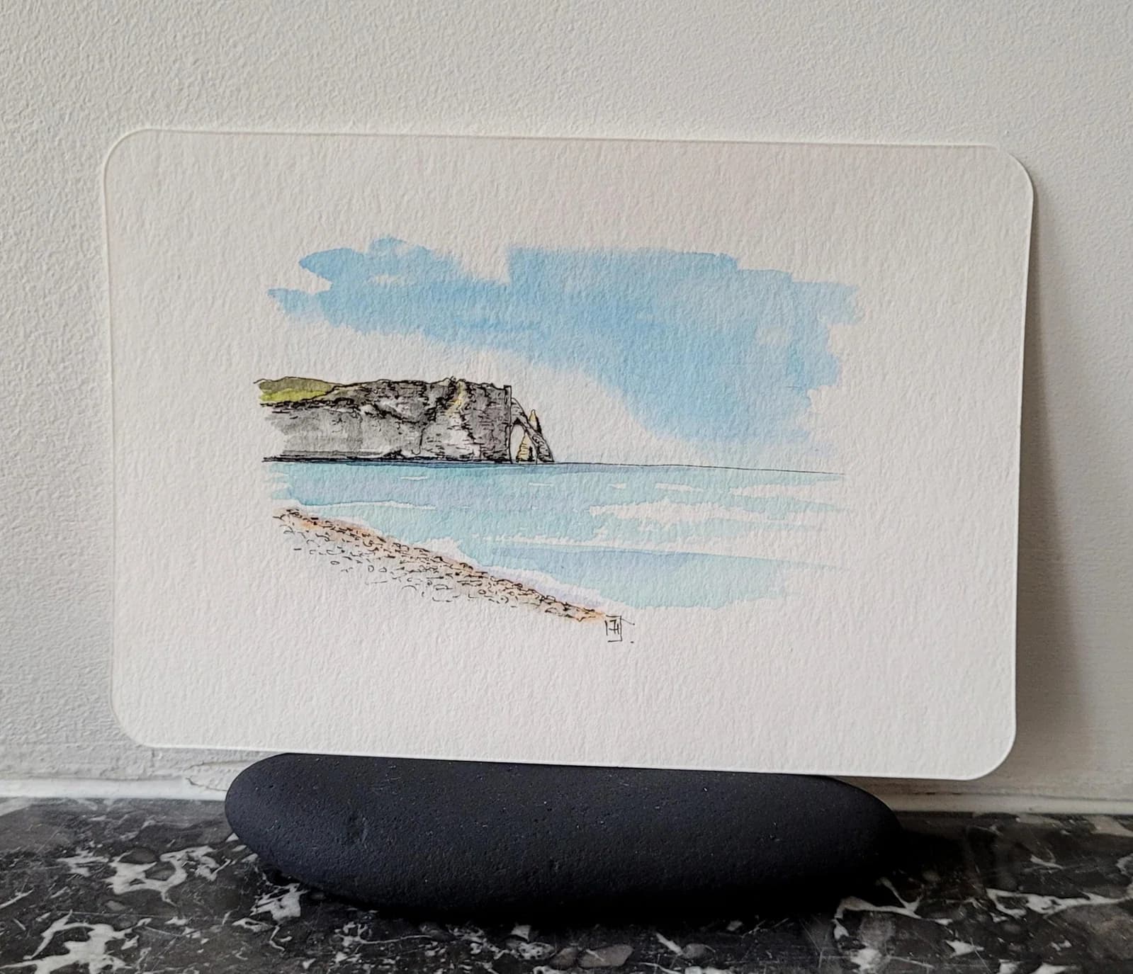Aquarelle originale — Falaises d'Etretat, mer, Normandie — Format carte postale — vue 1