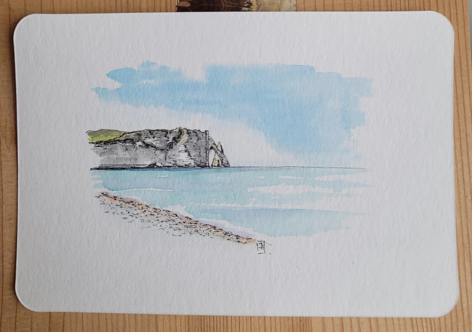 Aquarelle originale — Falaises d'Etretat, mer, Normandie — Format carte postale — vue 2