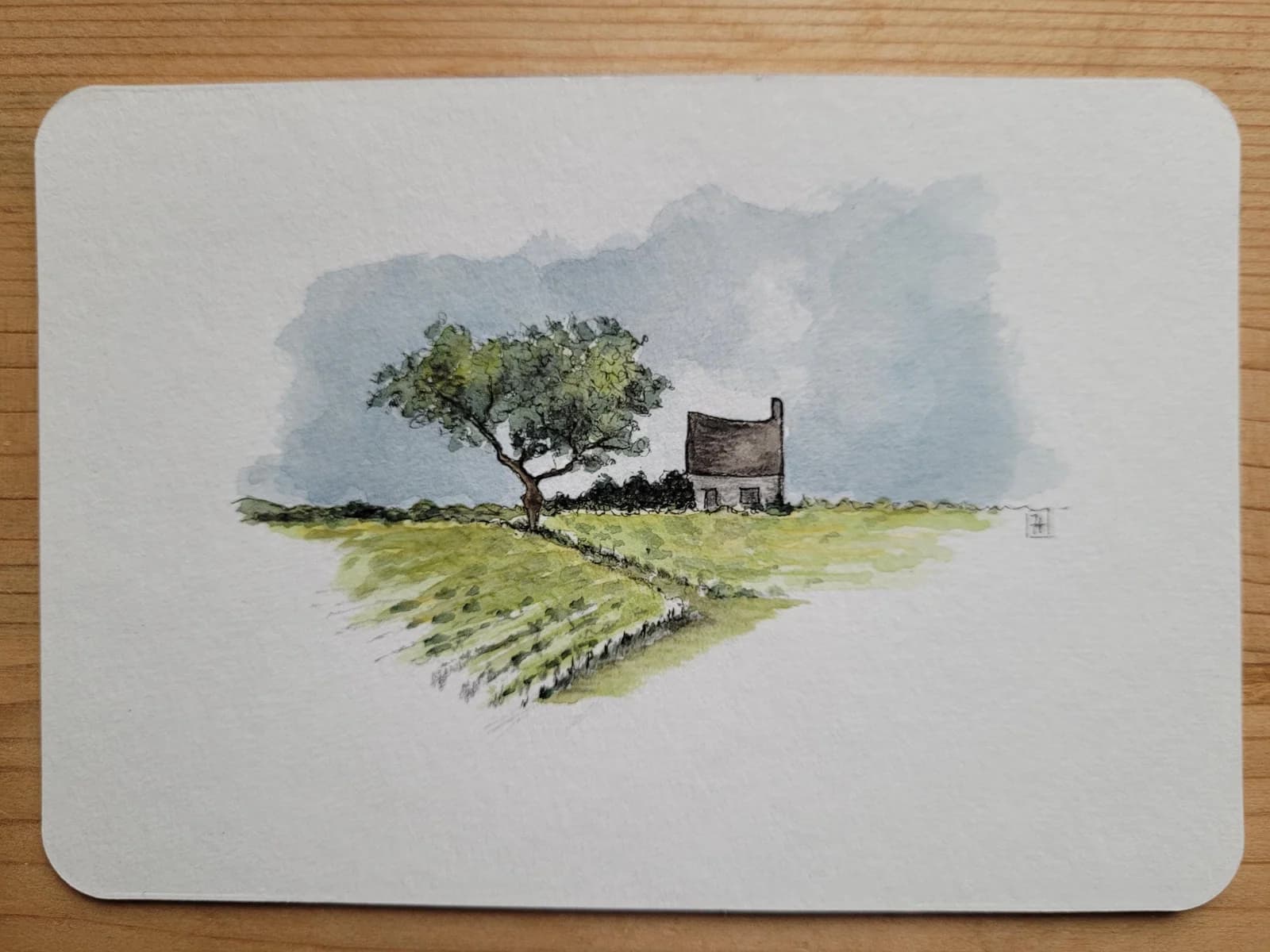 Aquarelle originale — L'arbre et la maison — Berry, Sancerre, France — Format carte postale — vue 2