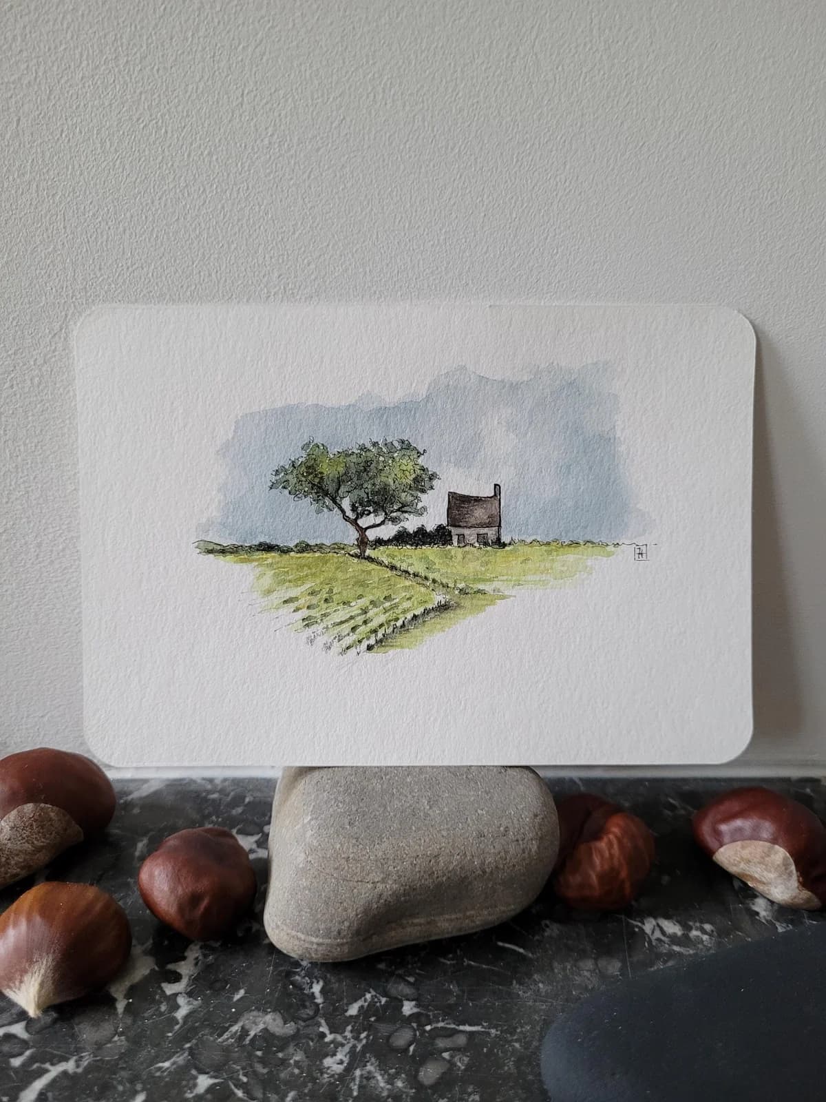 Aquarelle originale — L'arbre et la maison — Berry, Sancerre, France — Format carte postale — vue 1