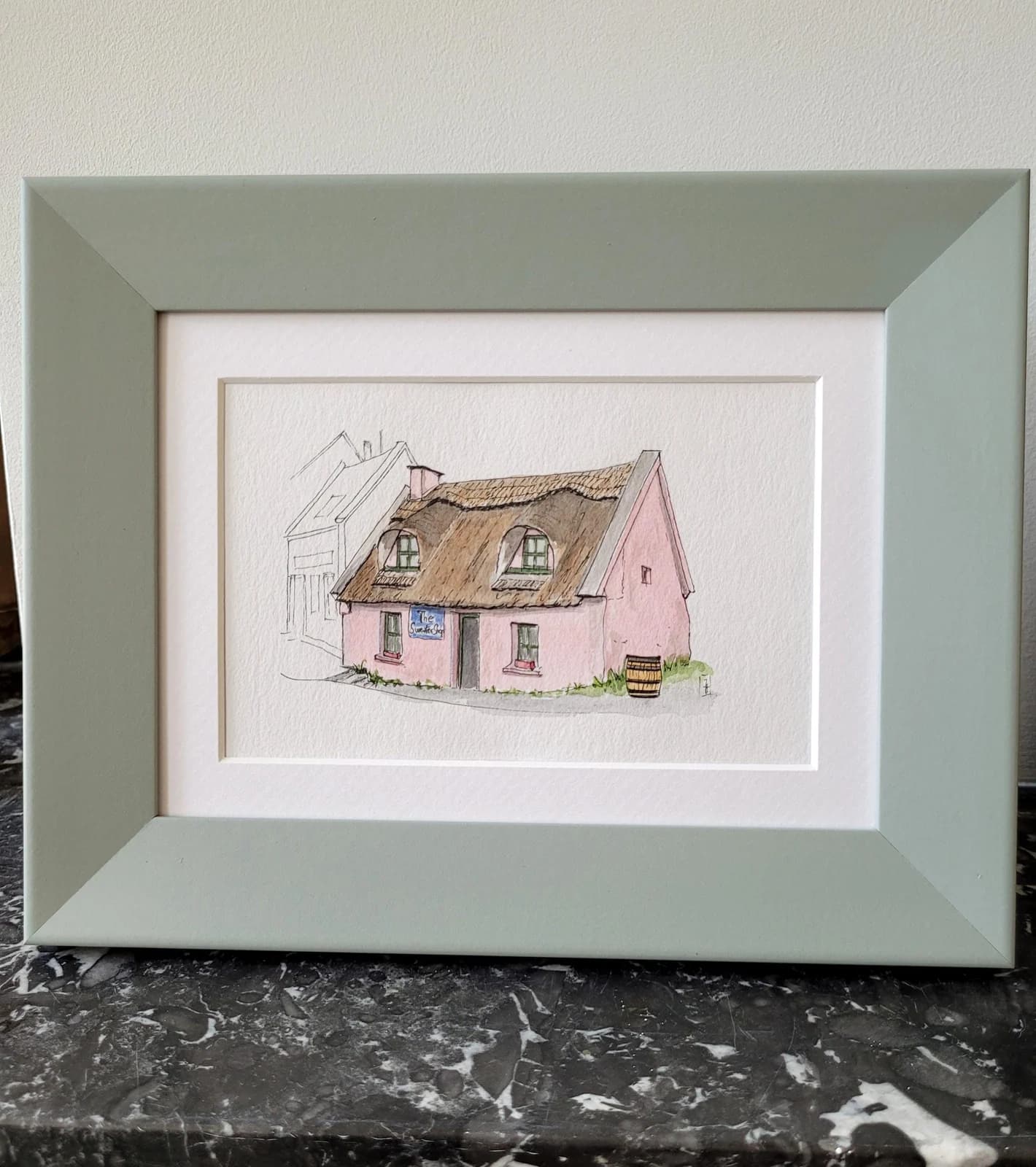 Aquarelle originale — Maison rose, Doolin, Co Clare, Irlande — Format carte postale — vue 1