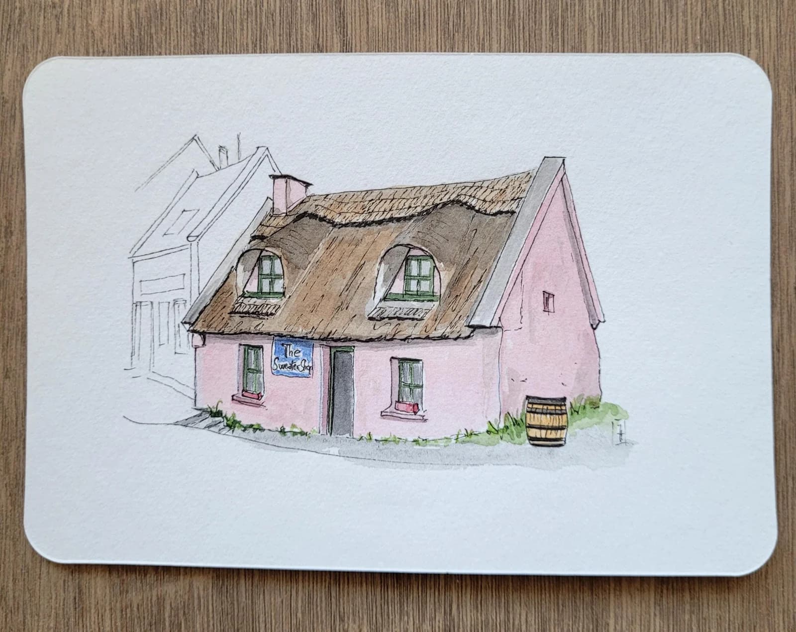 Aquarelle originale — Maison rose, Doolin, Co Clare, Irlande — Format carte postale — vue 2