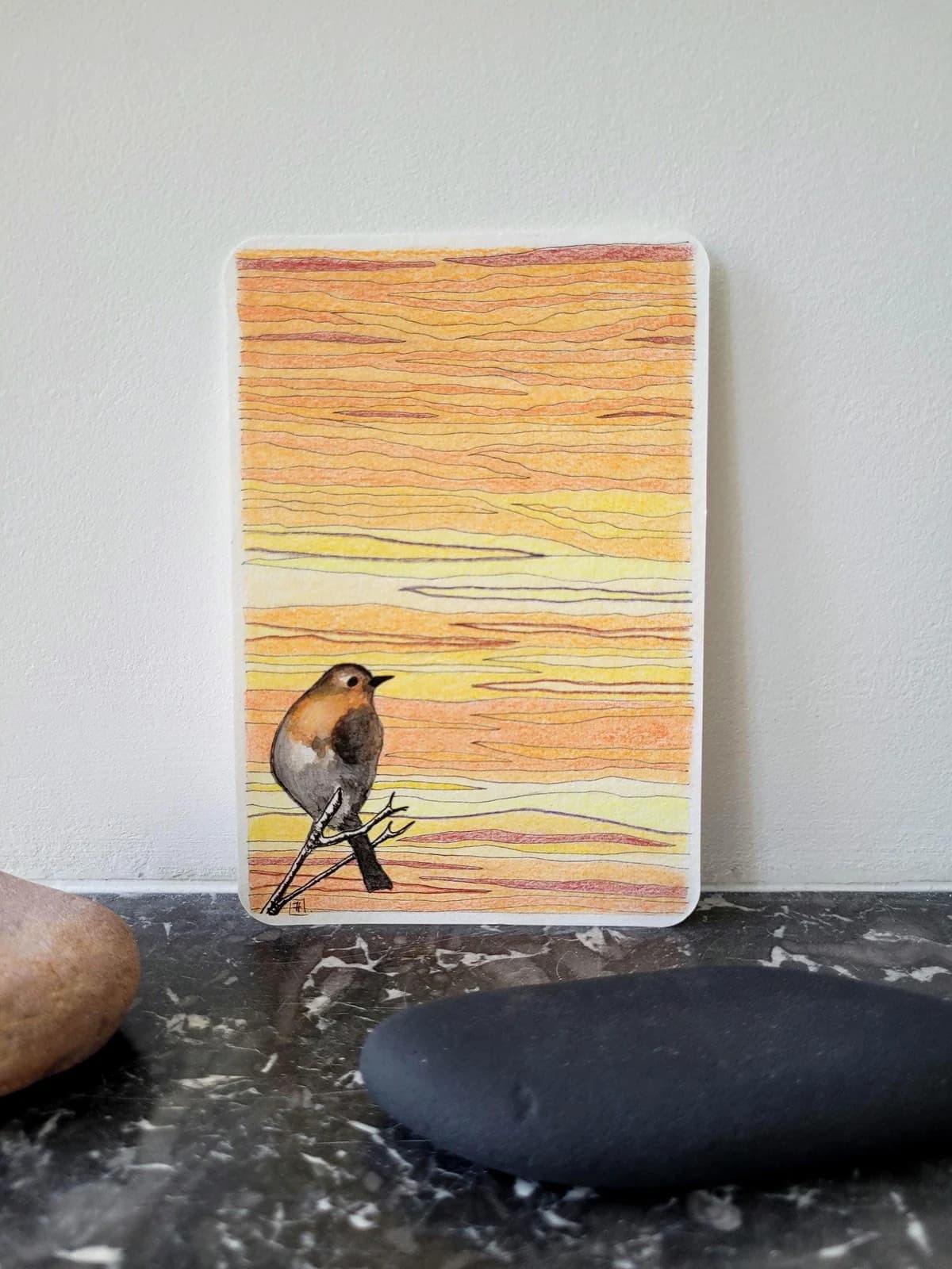 Dessin aquarelle et crayons original — Rouge-gorge au lever du soleil — Format carte postale — vue 1