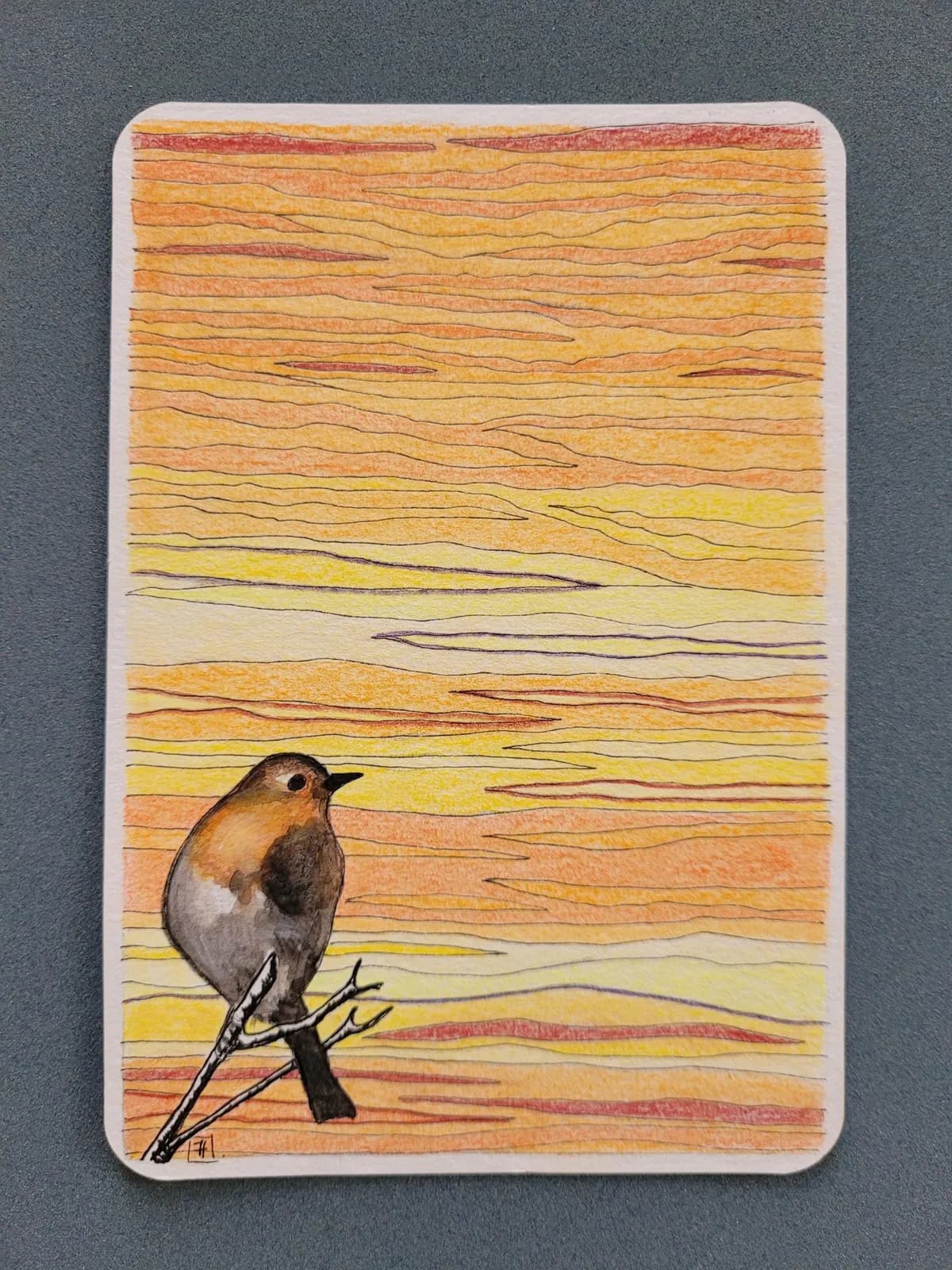 Dessin aquarelle et crayons original — Rouge-gorge au lever du soleil — Format carte postale — vue 2