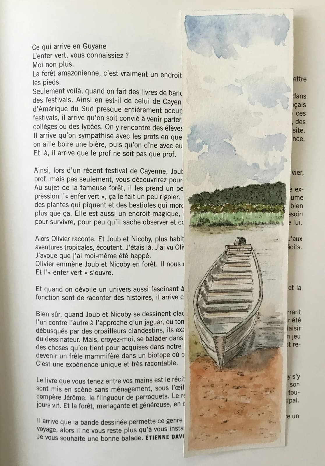 Aquarelle originale — Paysage de Guyane, pirogue, Amazonie — Format marque-page — vue 1