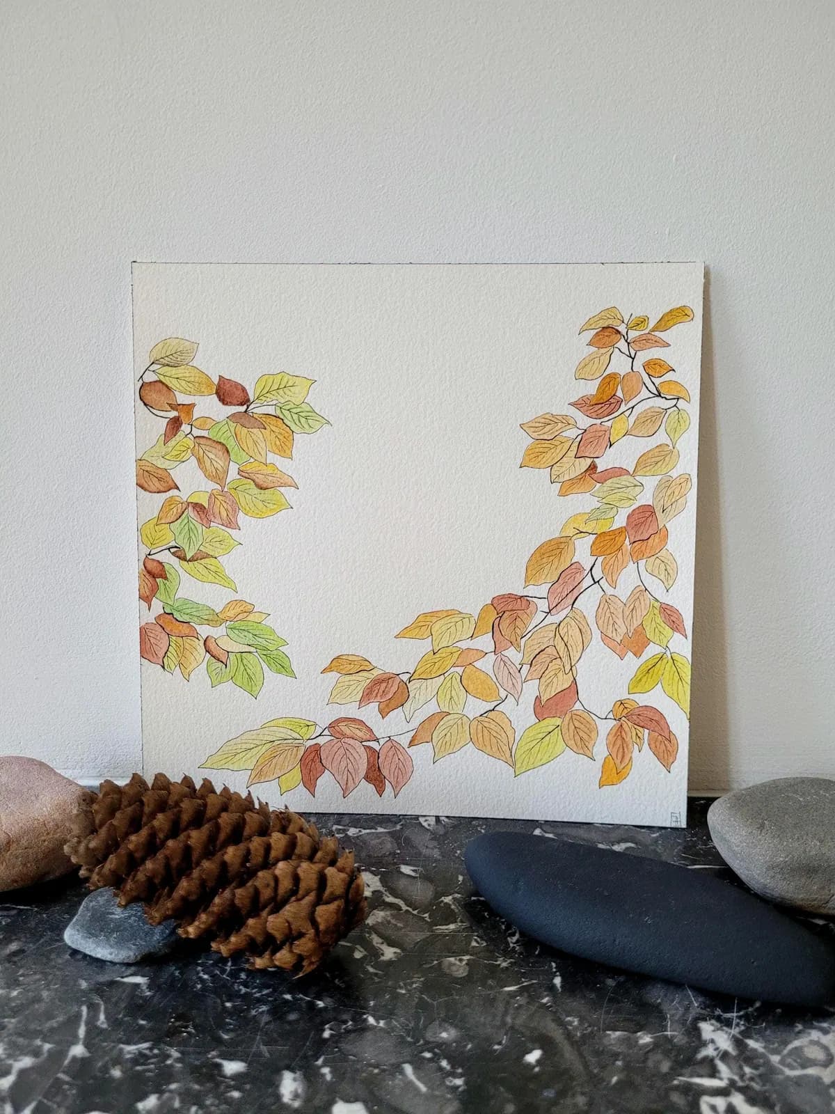 Aquarelle originale — Feuilles aux couleurs d'automne — Format carré 20x20 cm — vue 1