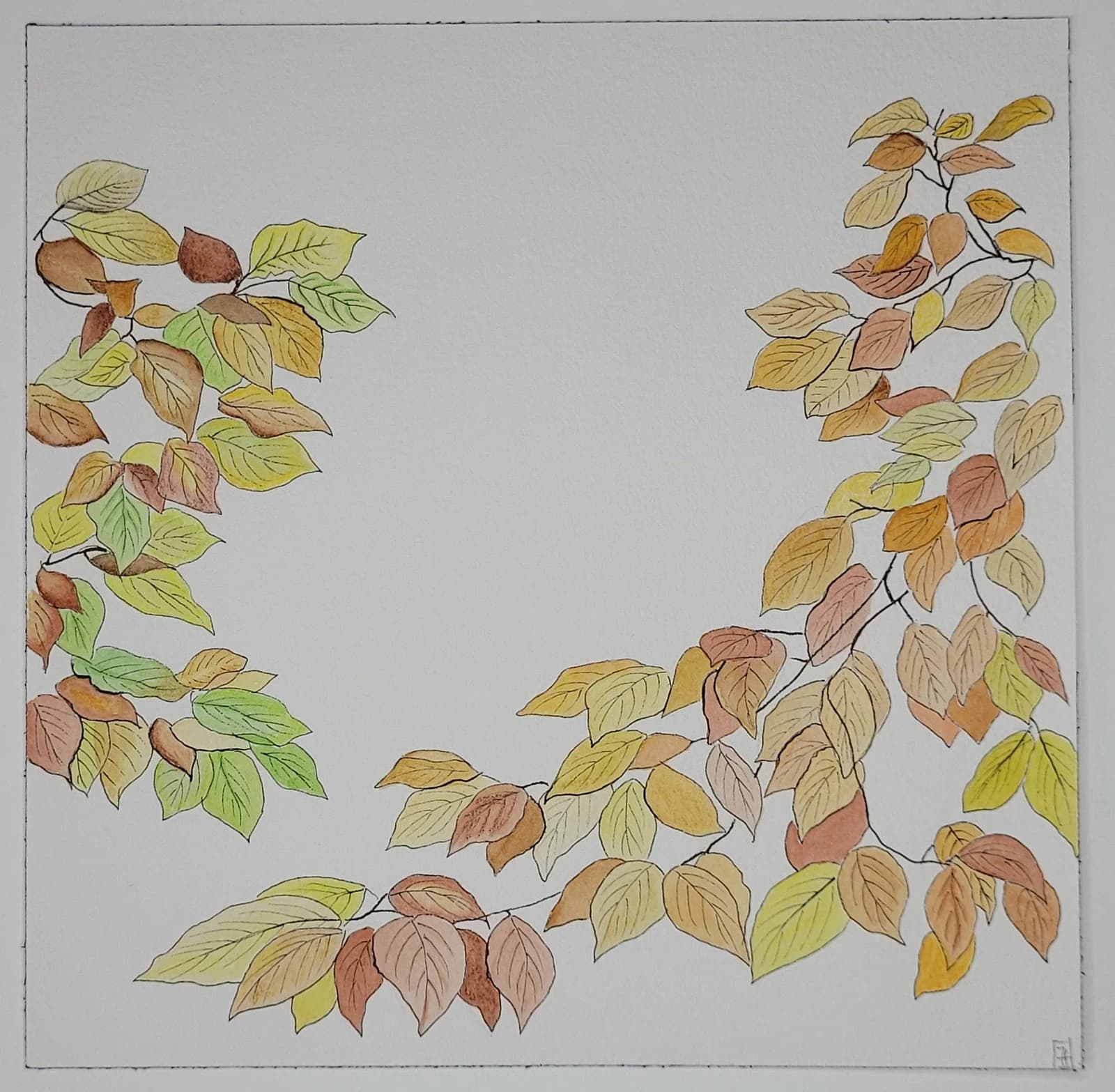 Aquarelle originale — Feuilles aux couleurs d'automne — Format carré 20x20 cm — vue 2