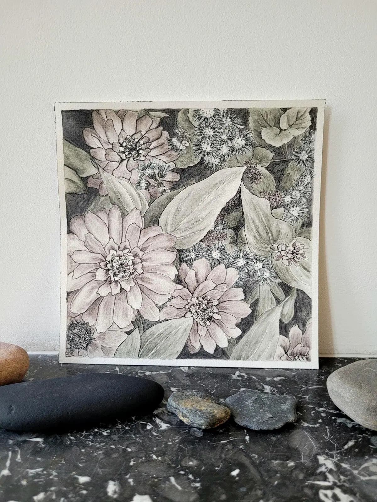 Aquarelle originale — Fleurs d’été, Zinnia — Format 20x20 cm — vue 1