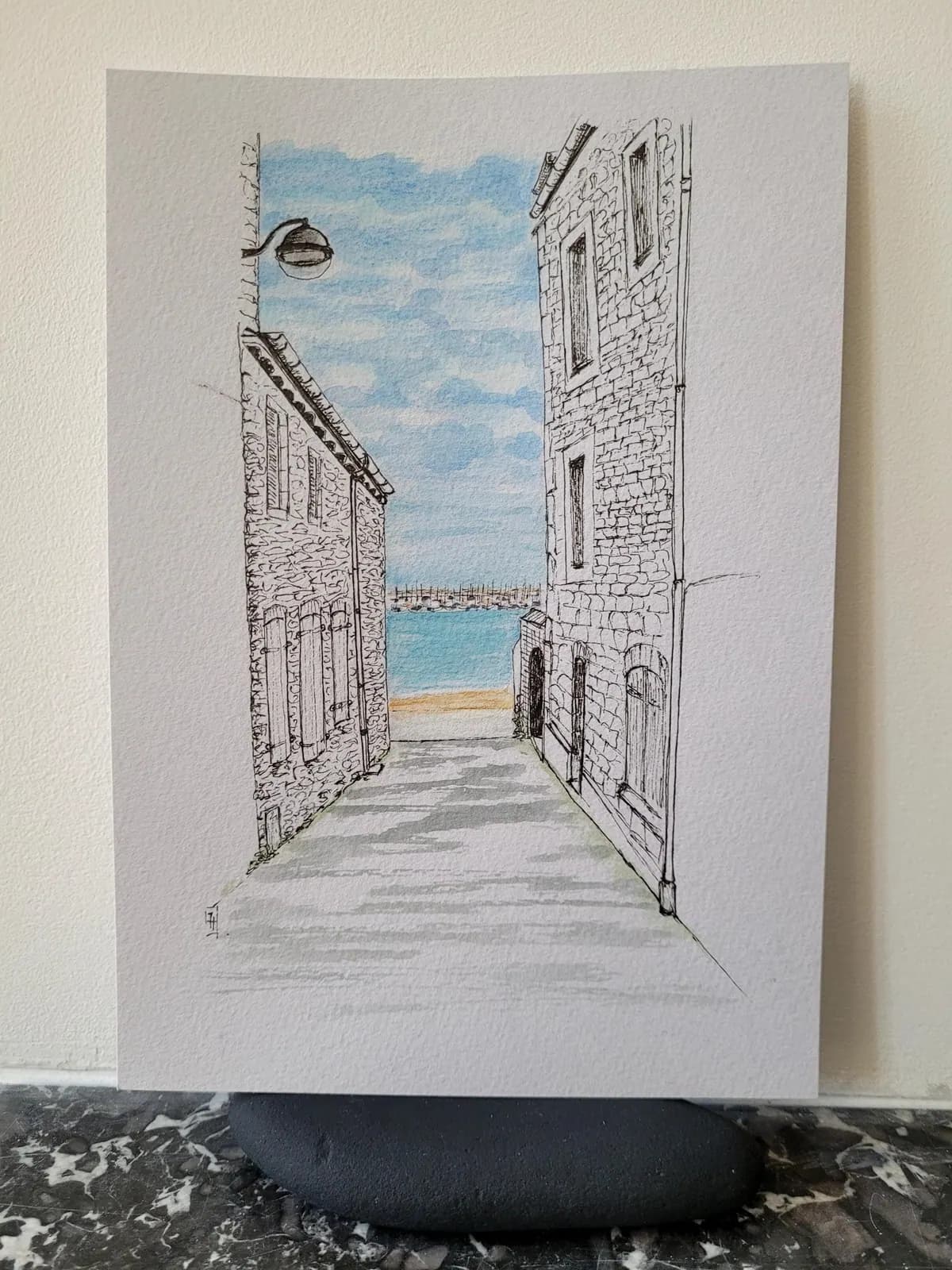 Dessin original — Vue surprise sur la mer, plage, Saint-Malo, Bretagne — Aquarelle et crayons — Format A5 — vue 1
