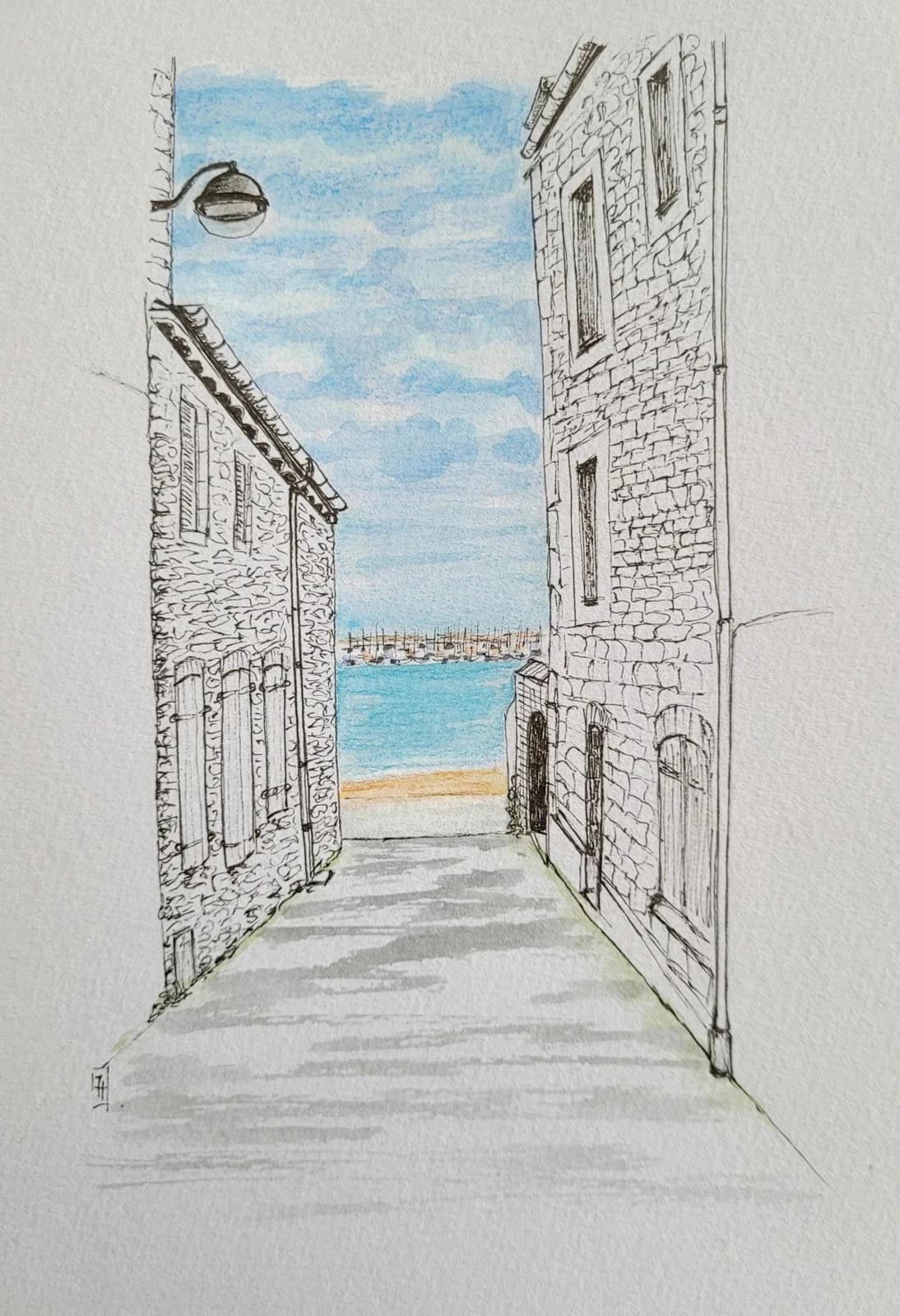 Dessin original — Vue surprise sur la mer, plage, Saint-Malo, Bretagne — Aquarelle et crayons — Format A5 — vue 2