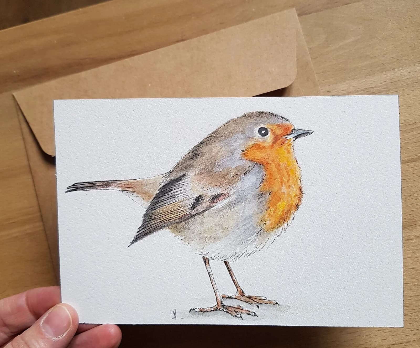 Aquarelle originale — Oiseau, rouge-gorge (D) — Format 10x15 cm — vue 2