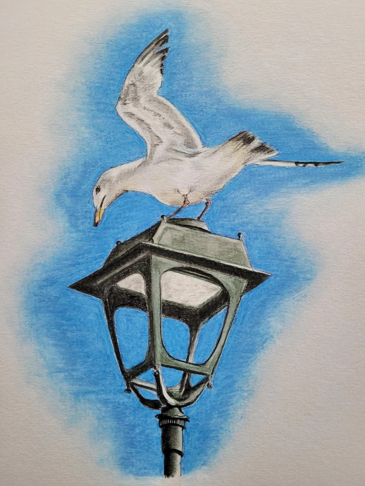 Dessin original — Aquarelle et crayons de couleurs — Goéland et lampadaire, Etretat — Format A5 — vue 2