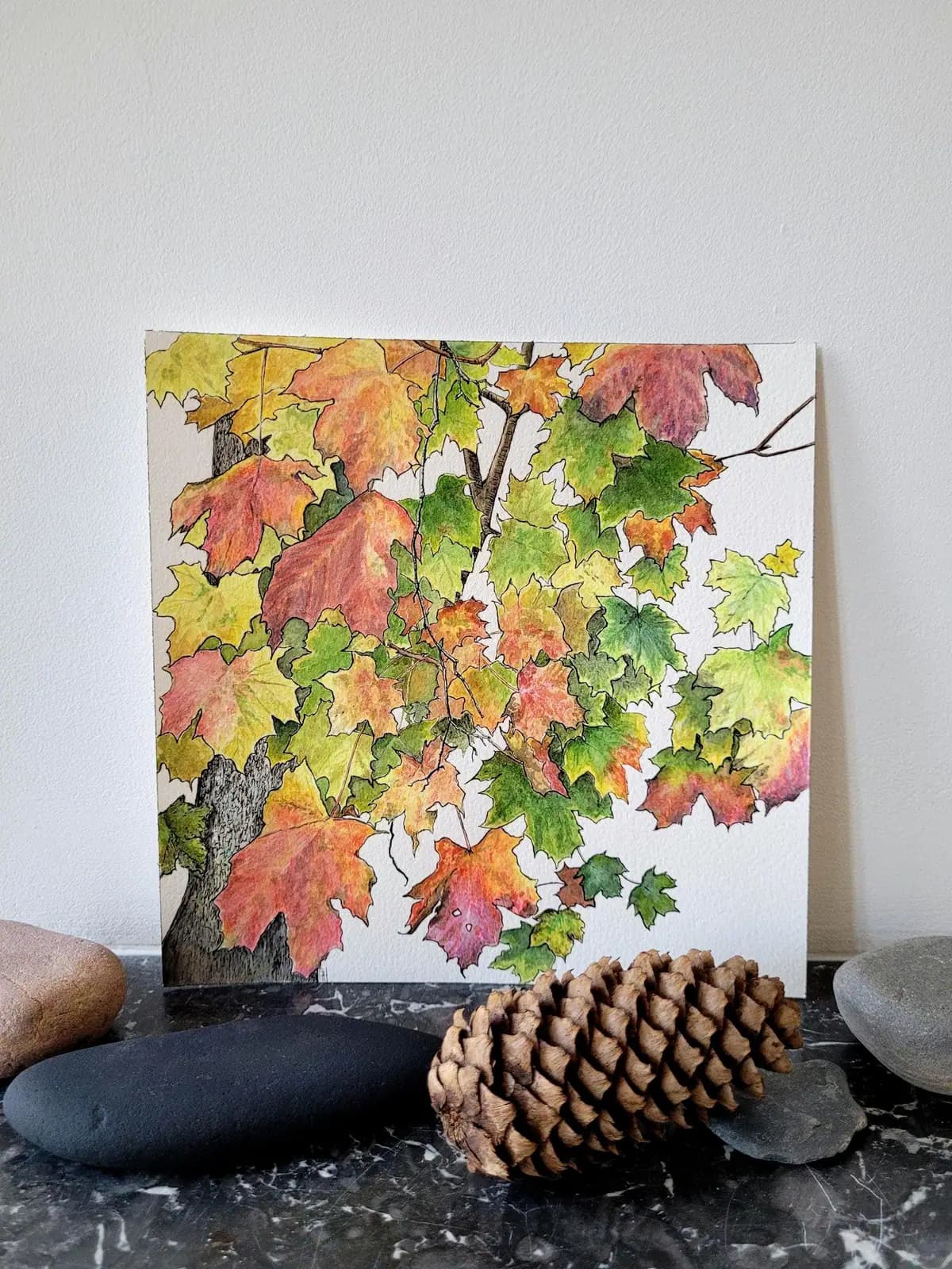 Aquarelle originale — Feuilles d'arbre, érable, aux couleurs d'automne — Format carré 20x20 cm — vue 1