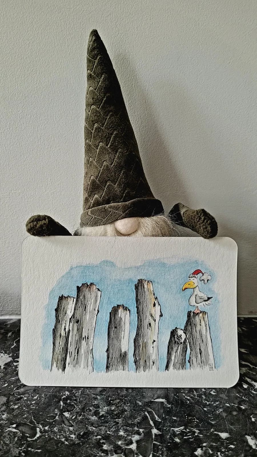 Aquarelle originale — Carte de Noël — Goeland et brise-lames, Saint-Malo, Bretagne — vue 1