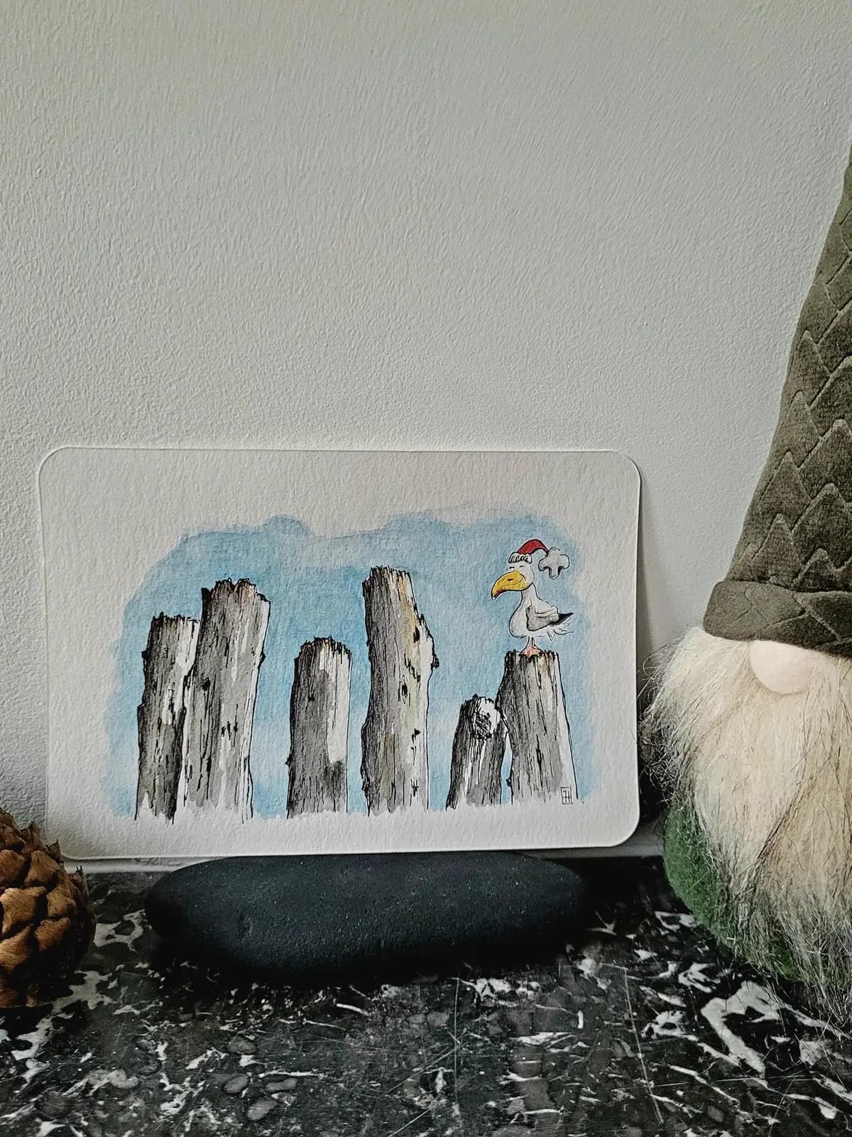 Aquarelle originale — Carte de Noël — Goeland et brise-lames, Saint-Malo, Bretagne — vue 2