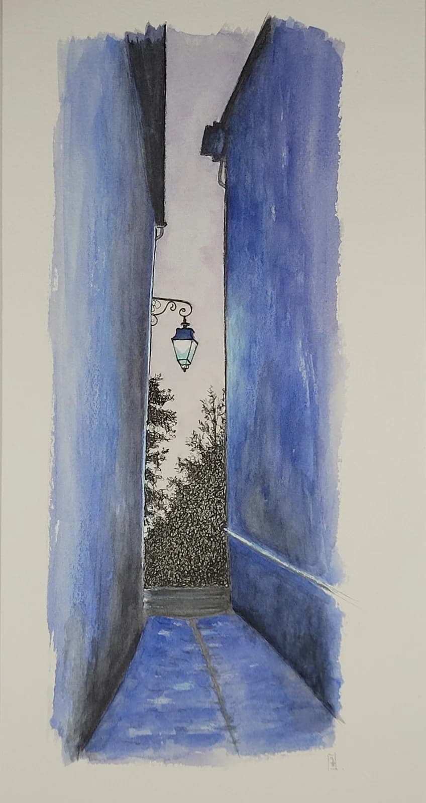 Aquarelle originale, rue de la ville de Bourges, lumière bleue des Nuits Lumiere, 15x30 cm — vue 2