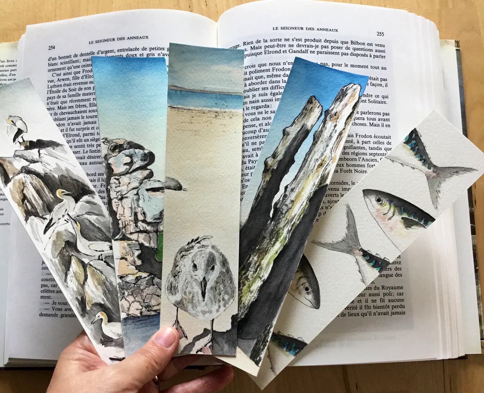Lot de 5 aquarelles originales — Bretagne, oiseaux, poissons, paysages — Format marque-pages — vue 1