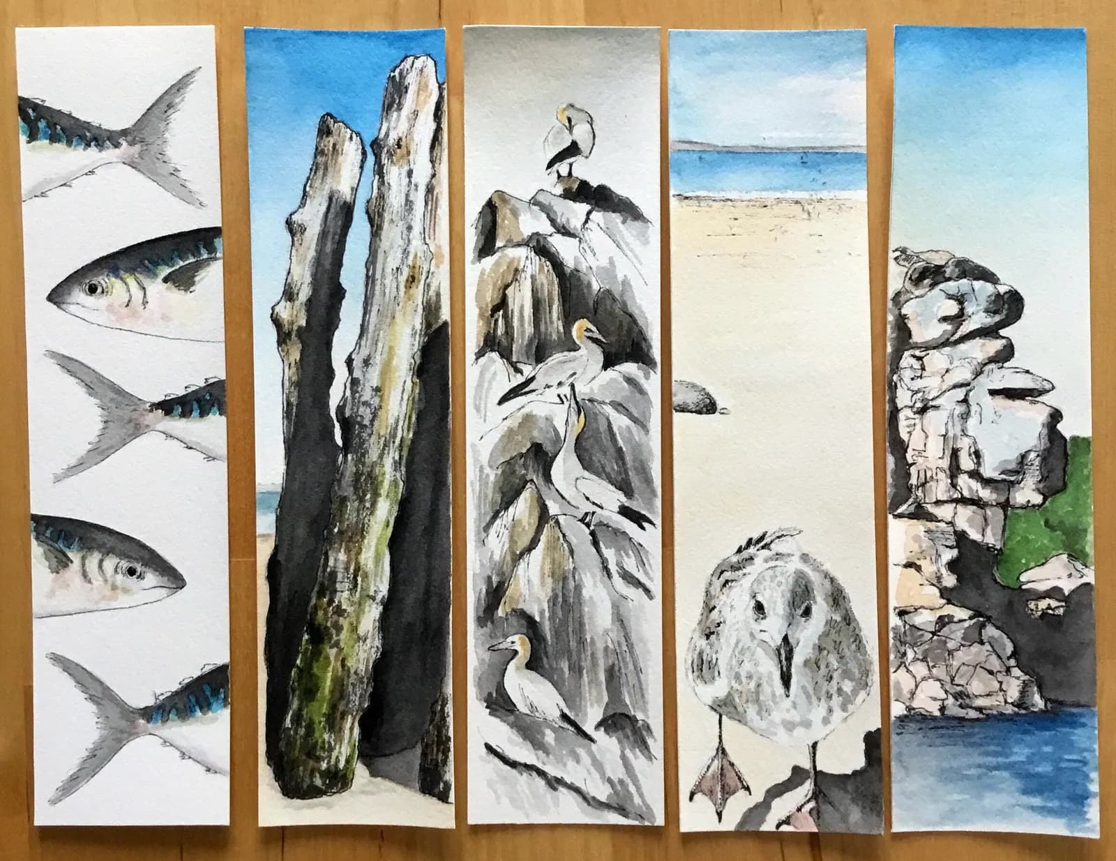 Lot de 5 aquarelles originales — Bretagne, oiseaux, poissons, paysages — Format marque-pages — vue 2