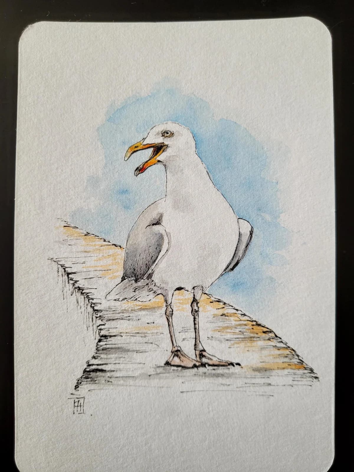 Aquarelle originale — Goéland, plage du Sillon, Saint-Malo, Bretagne — Format carte postale — vue 2