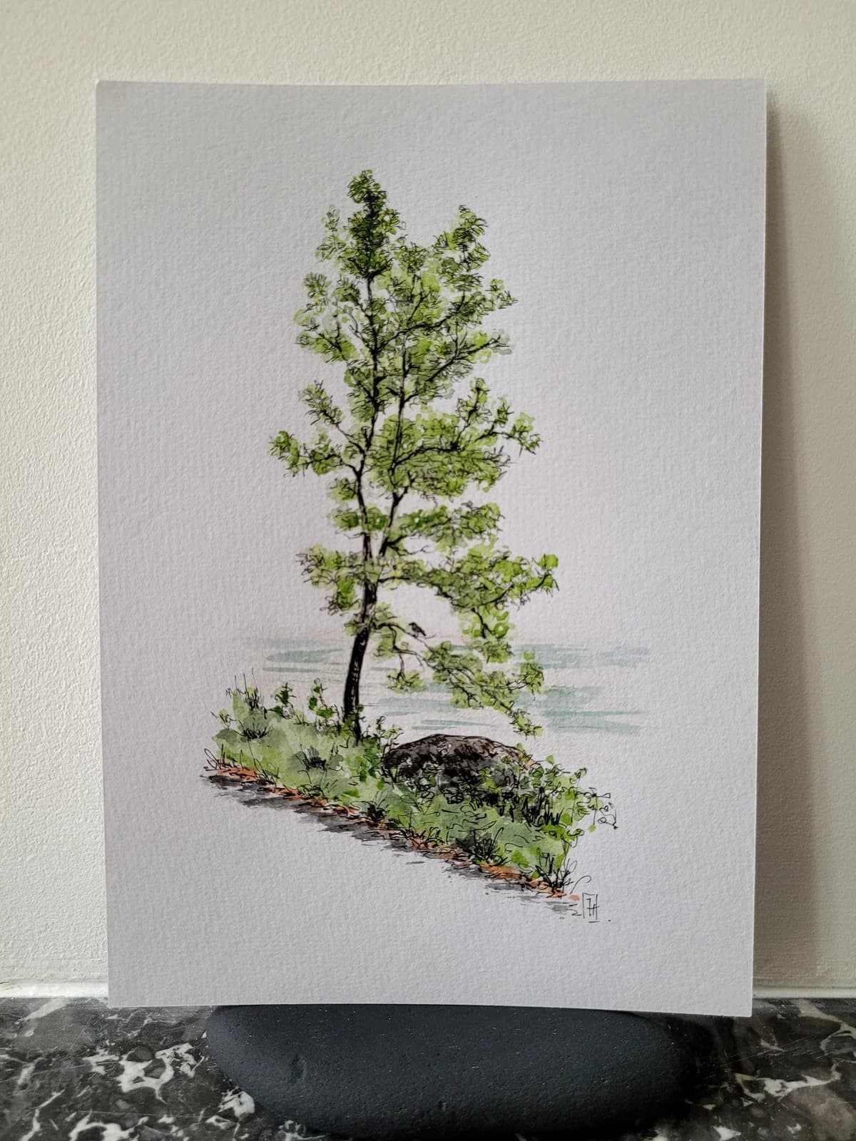 Aquarelle originale — L'arbre, la pierre et l'oiseau, Ardennes — Format A5 — vue 1