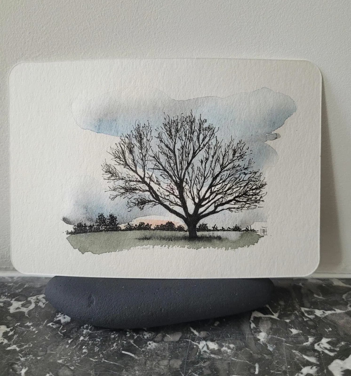 Aquarelle originale — Paysage des Ardennes, lever de soleil — Format carte postale — vue 1