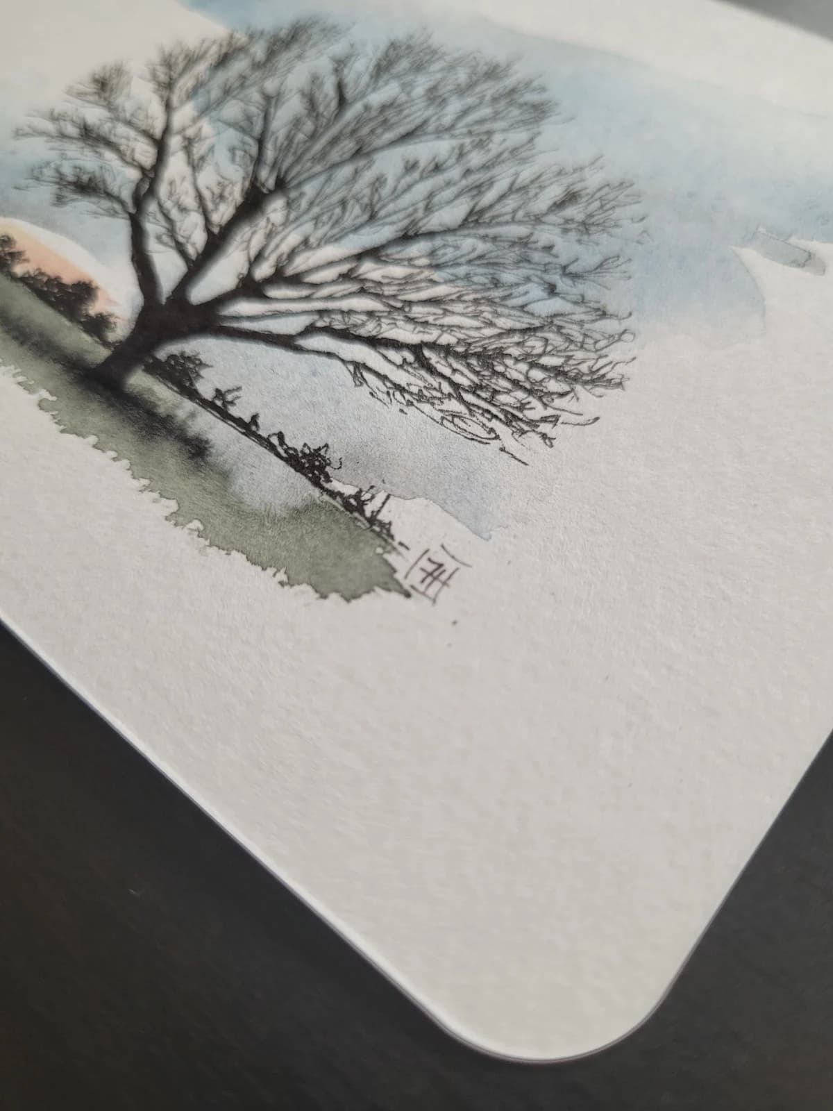 Aquarelle originale — Paysage des Ardennes, lever de soleil — Format carte postale — vue 2
