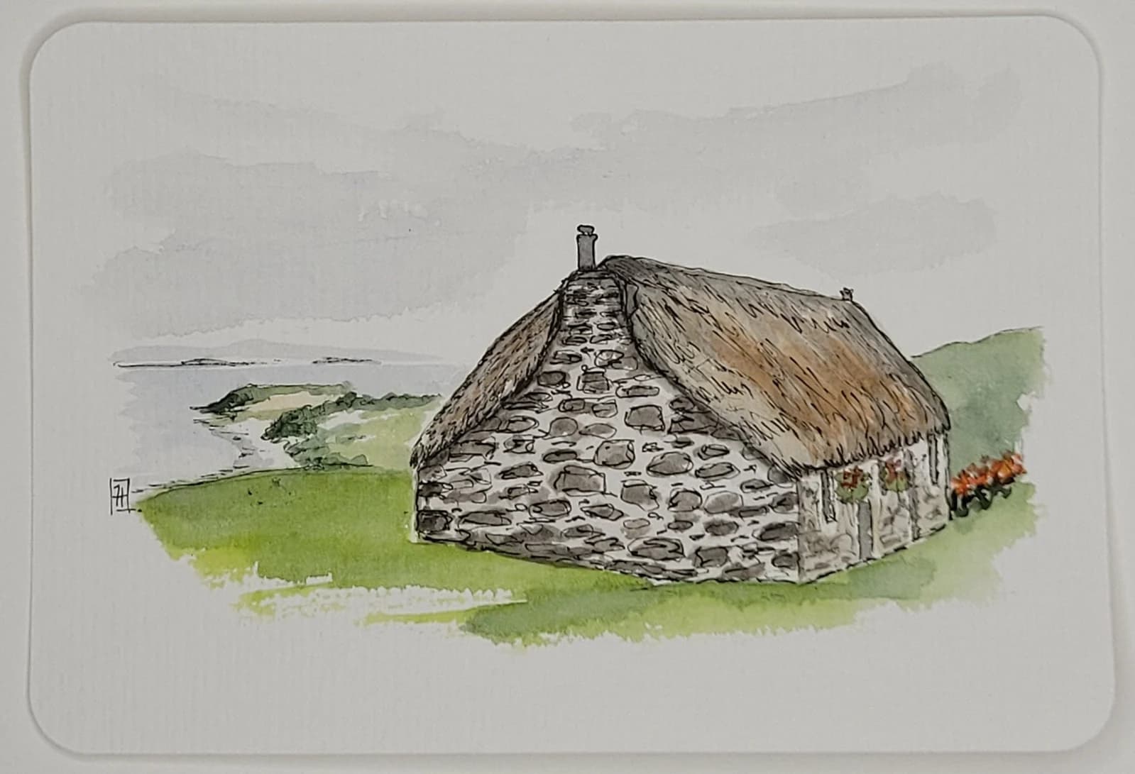 Aquarelle originale, maison, cottage, paysage, Île de Skye, Écosse, nature écossaise, 10x15 cm — vue 1