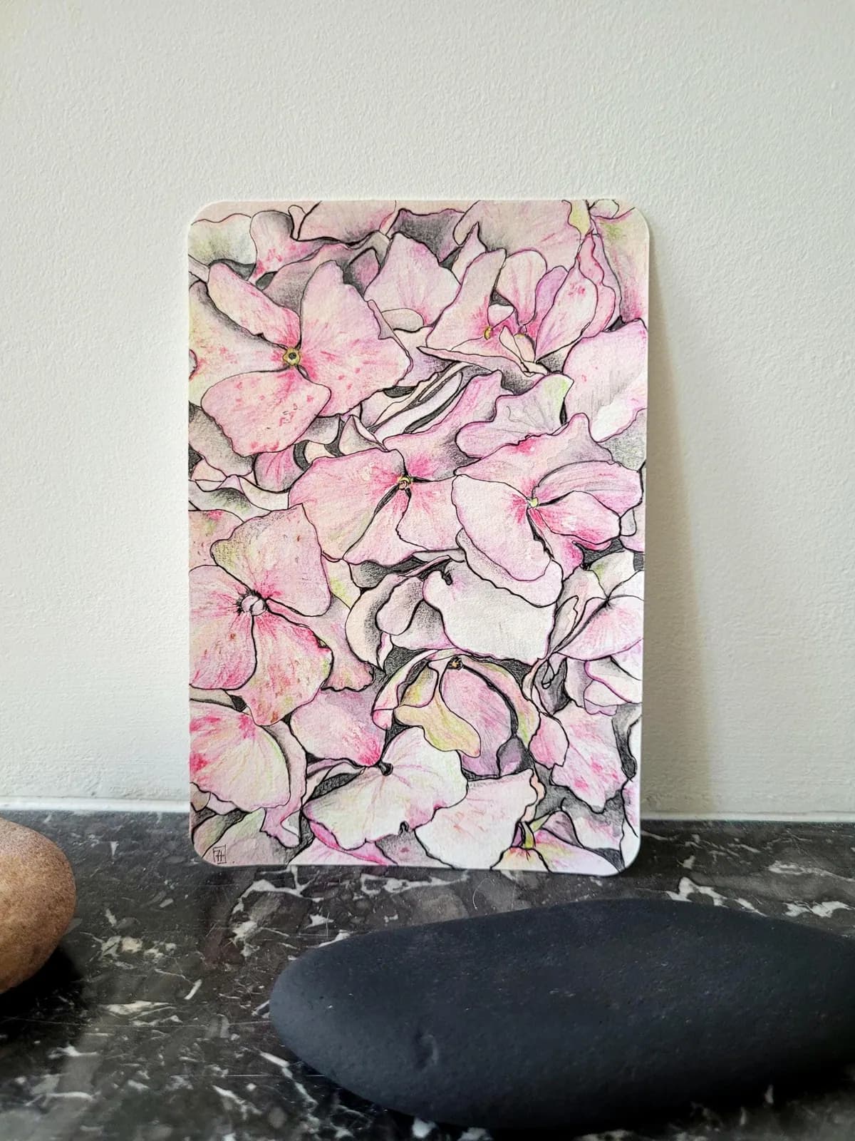 Aquarelle originale — Fleur rose, hortensia — Format carte postale 10x15cm — vue 1