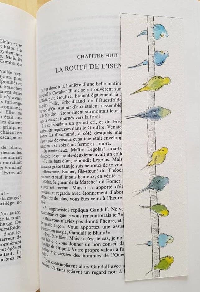 Aquarelle originale — Oiseaux, perruches du parc du Thabor à Rennes — Format marque-page — vue 1