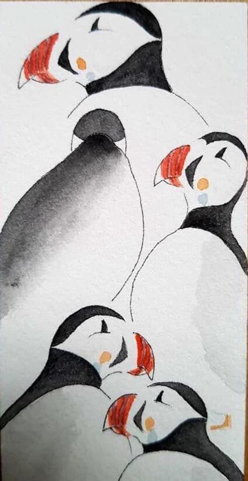 Aquarelle originale — Oiseaux, macareux de l'île de Skye, Ecosse — Format marque-page — vue 2