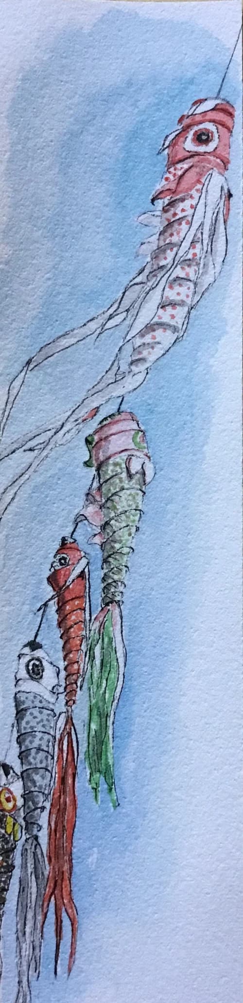 Aquarelle originale — Carpes japonaises, koinobori — Format marque-page — vue 2