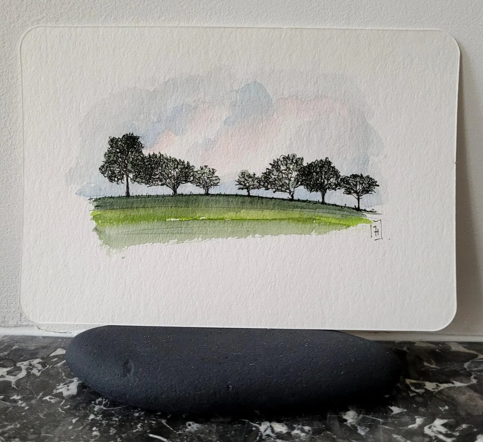 Aquarelle originale — Arbres au bord de la route, France — Format carte postale — vue 1