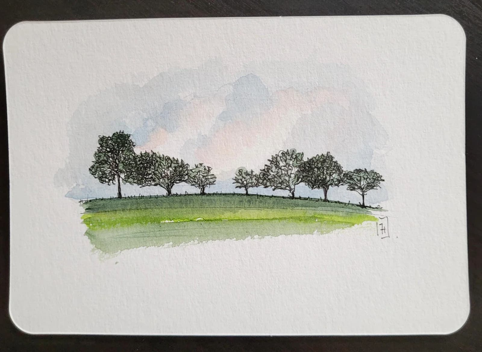 Aquarelle originale — Arbres au bord de la route, France — Format carte postale — vue 2