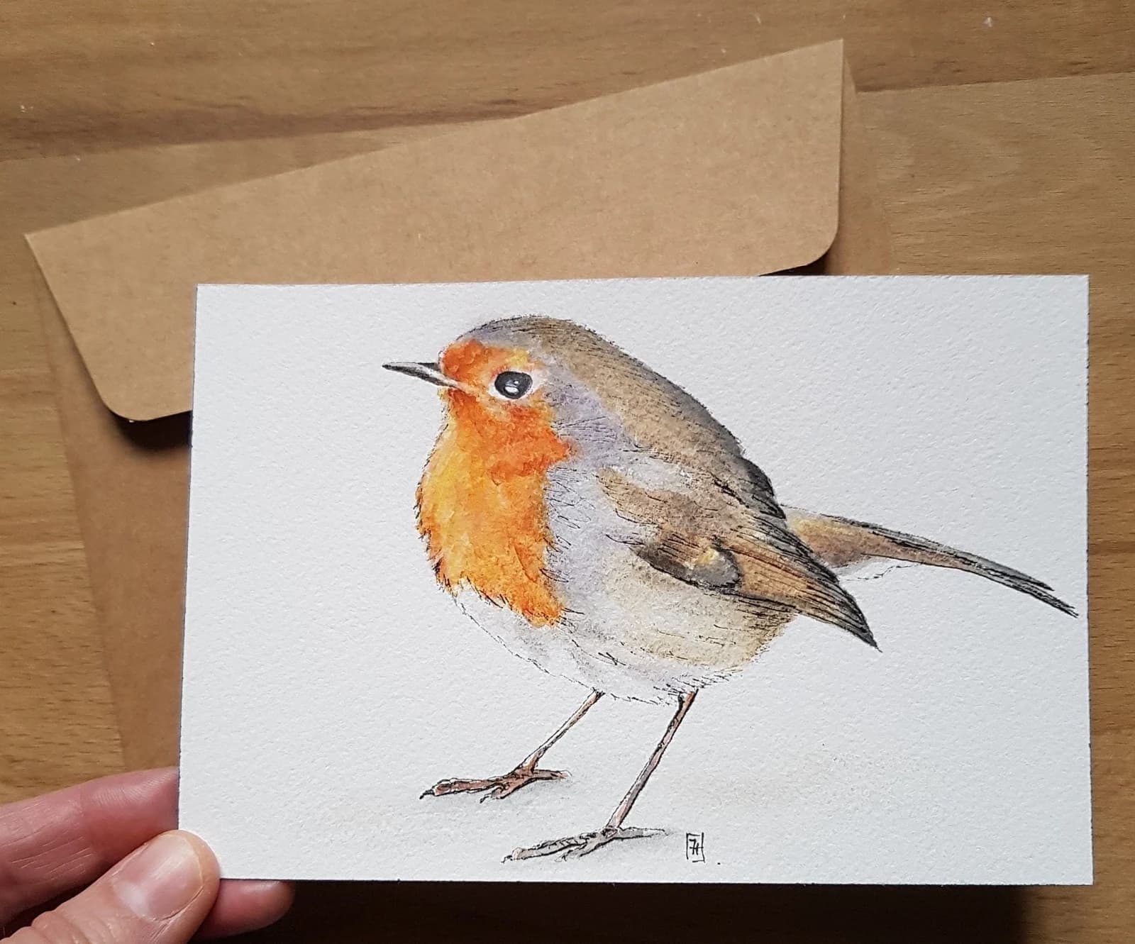 Dessin aquarelle et crayon original — Oiseau rouge-gorge (G) — Format 10x15 cm — vue 2