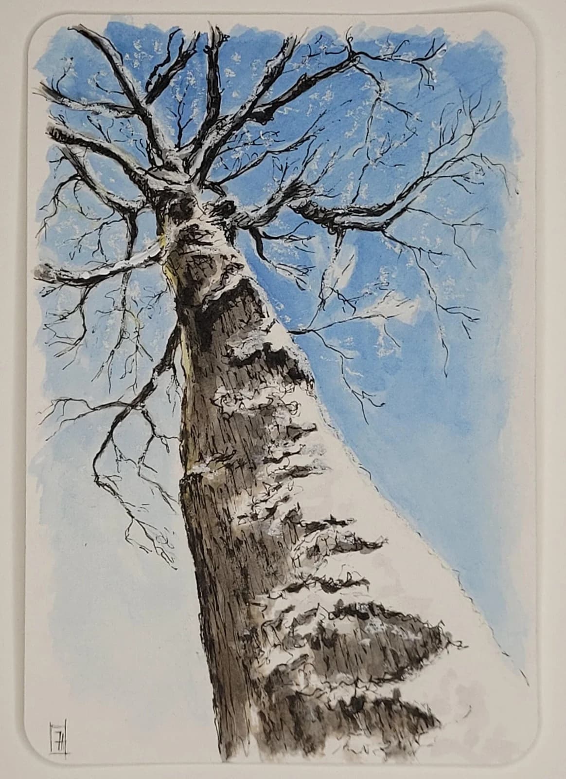 Aquarelle originale — Arbre, neige et ciel bleu, paysage — Format carte postale 10x15 cm — vue 1