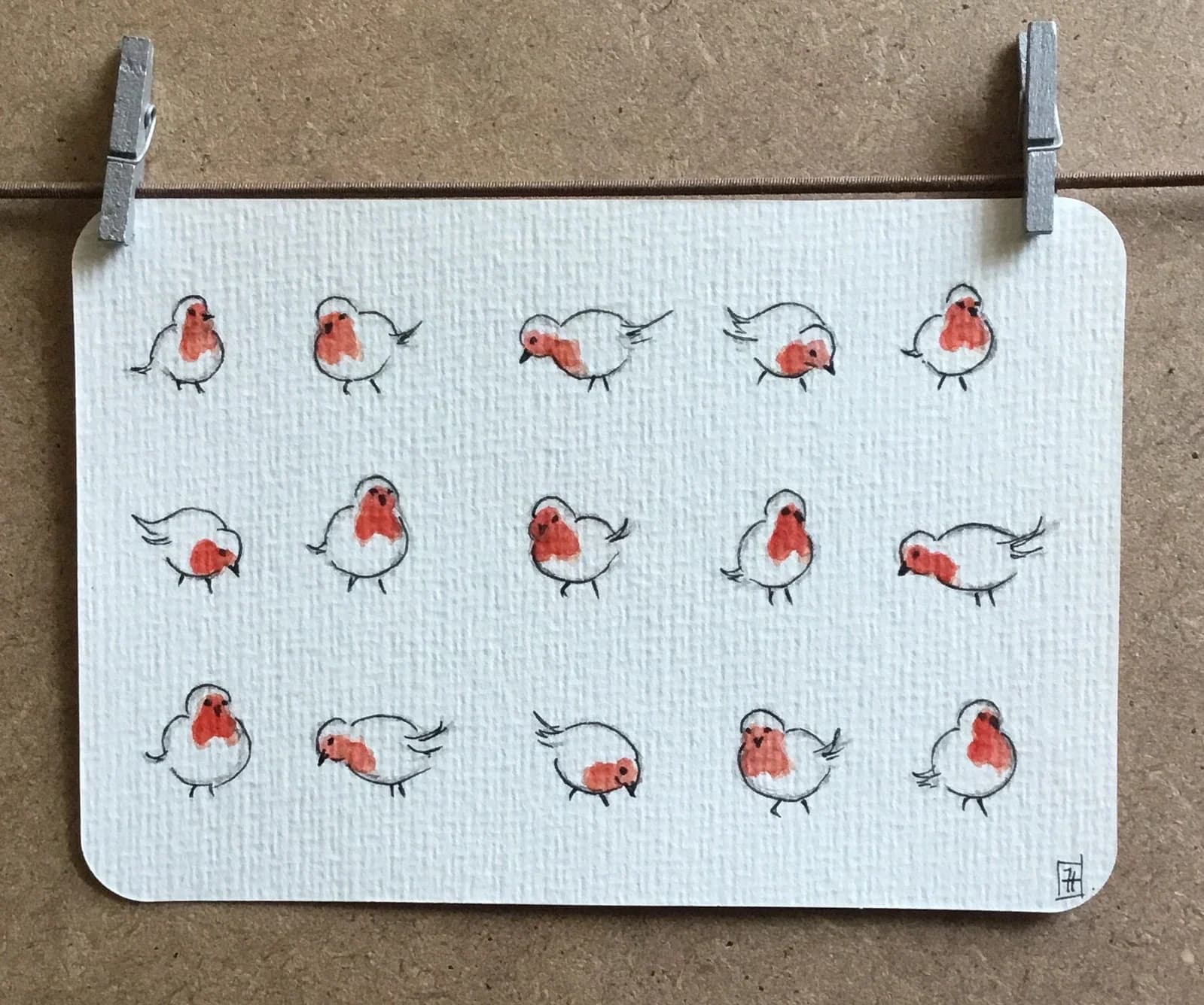 Aquarelle originale, la danse des rouge-gorge, dancing robins, 10x15 cm — vue 1