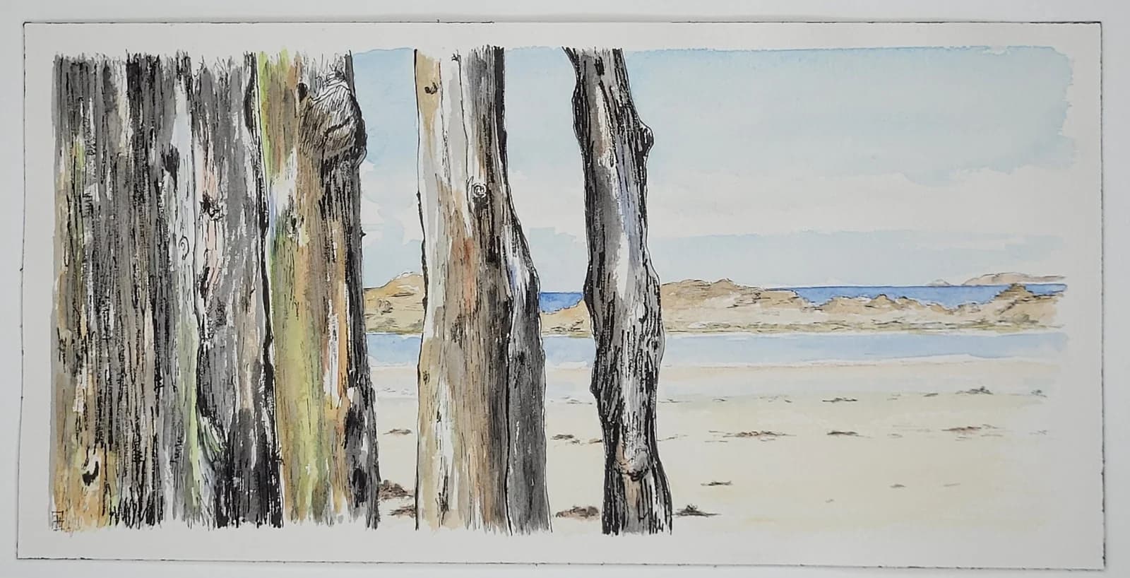Aquarelle originale — Paysage, plage de Bretagne, brise-lames, mer — Format 15x30 cm — vue 2
