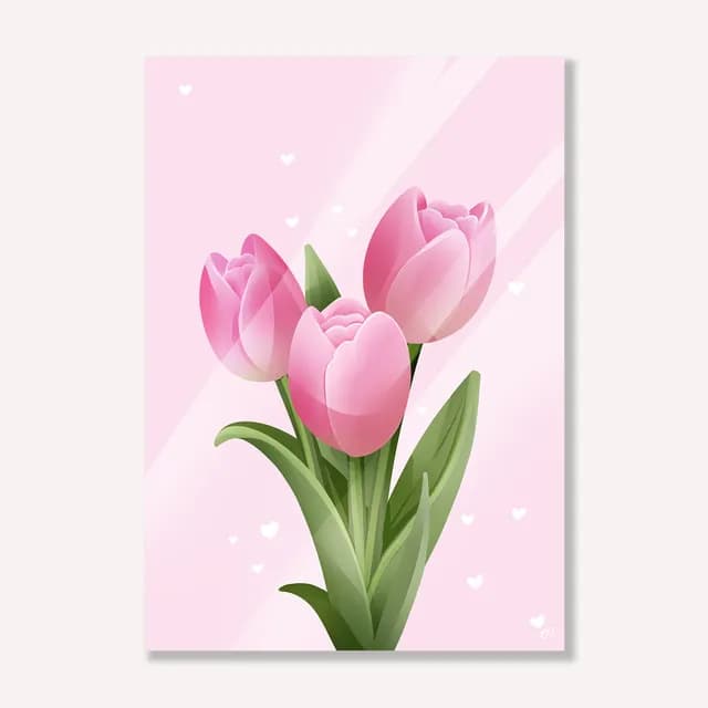 Illustration de trois tulipes roses sur tige avec feuilles vertes et fond rose orné de petits cœurs.